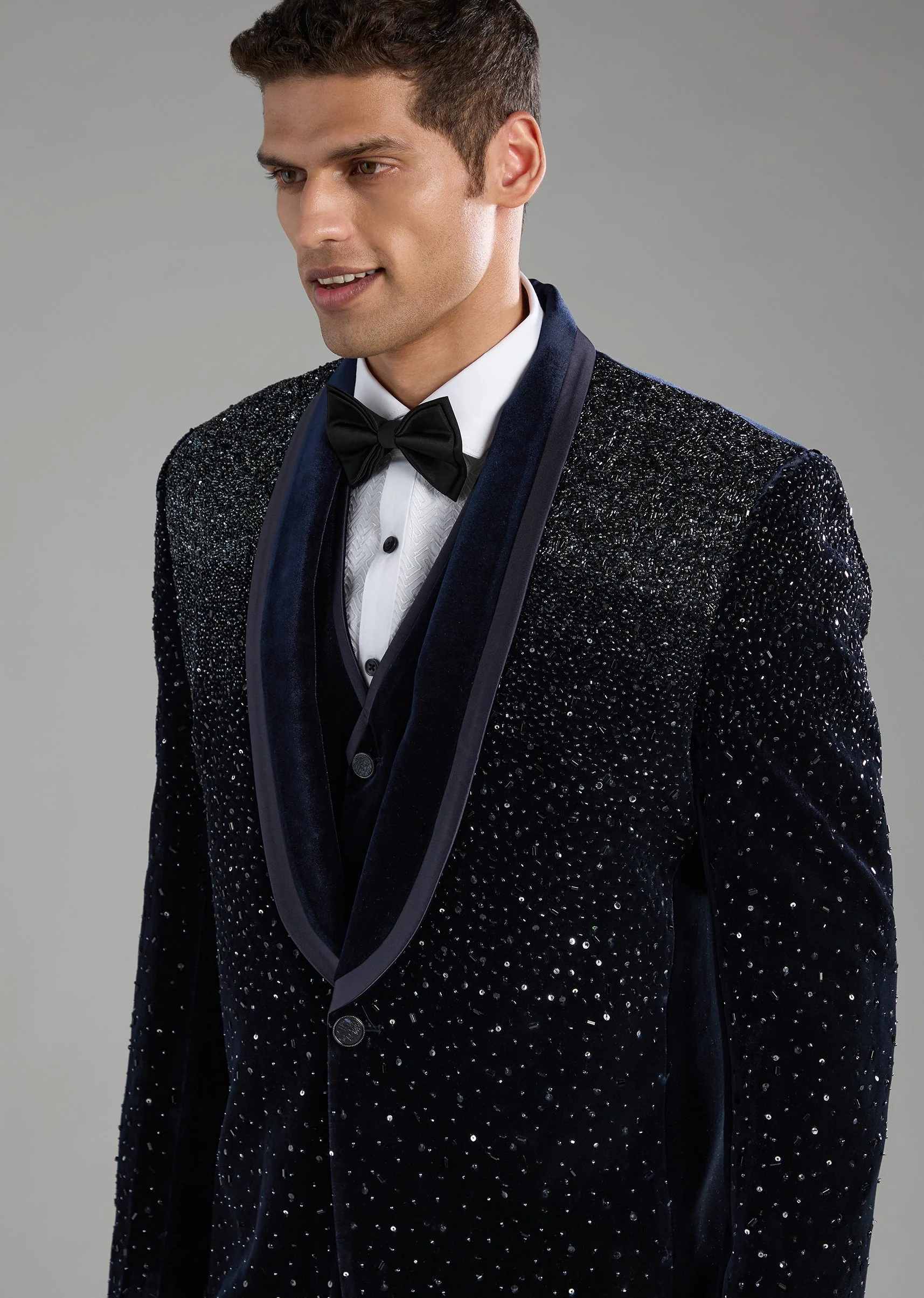 Blue Zardozi Embellished Tuxedo Set with Bow Tie - Image 3