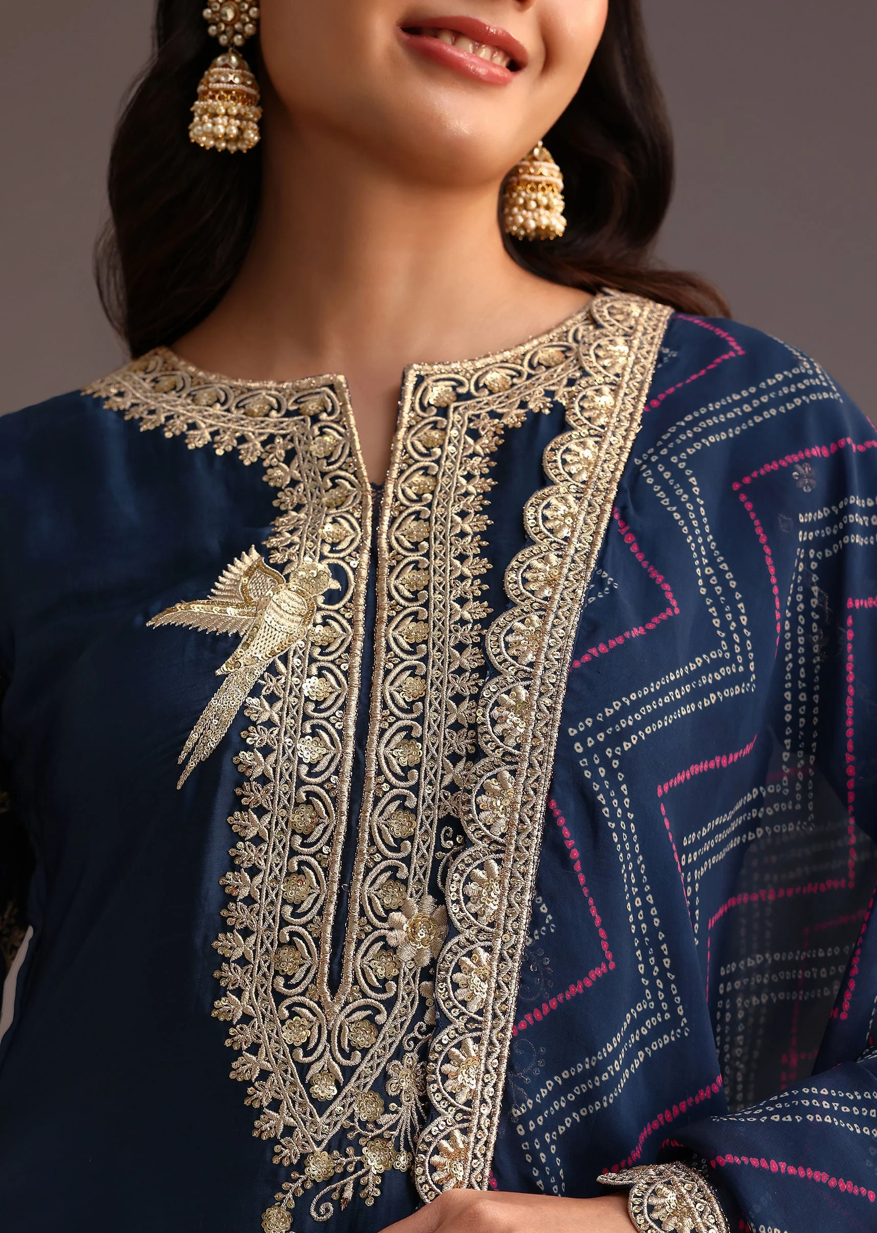 Blue Zari Work Palazzo Suit With Organza Dupatta - Image 2