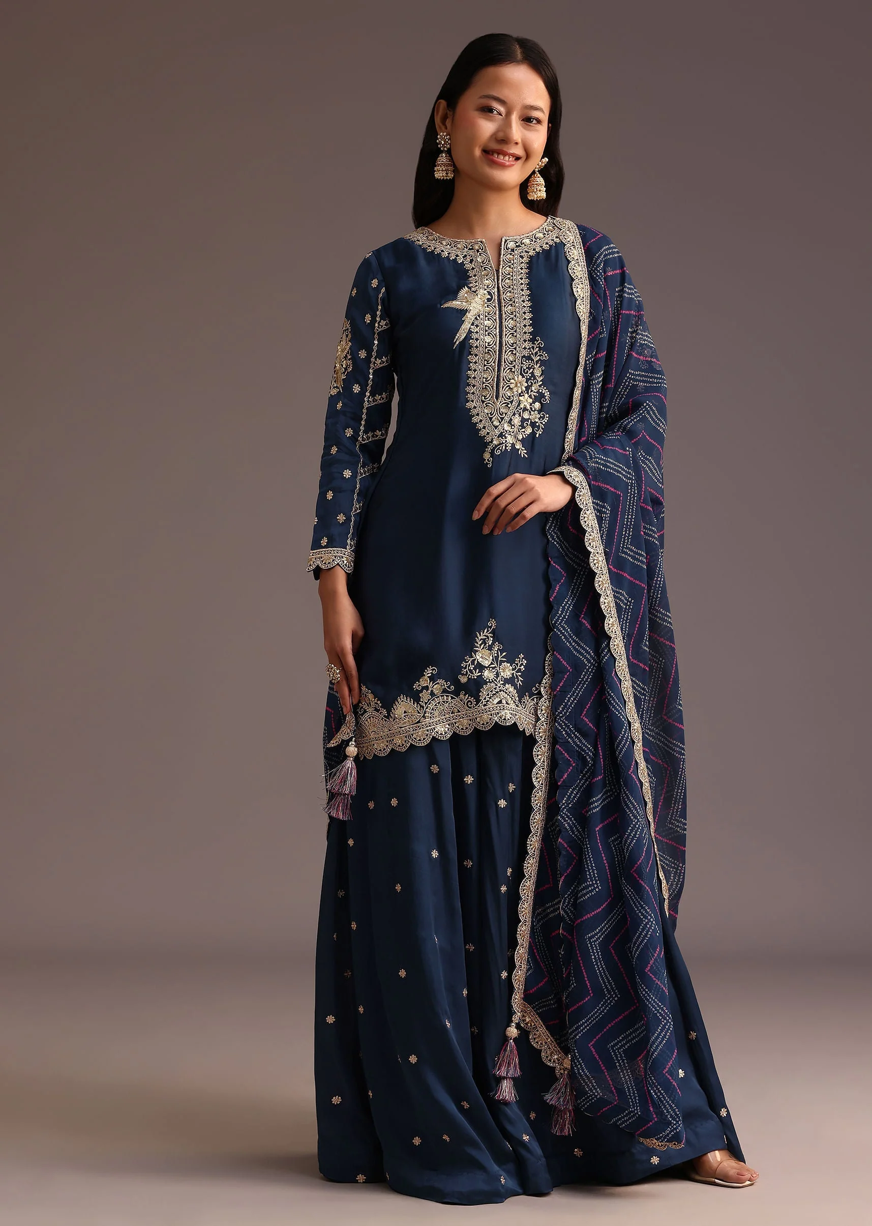 Blue Zari Work Palazzo Suit With Organza Dupatta - Image 3