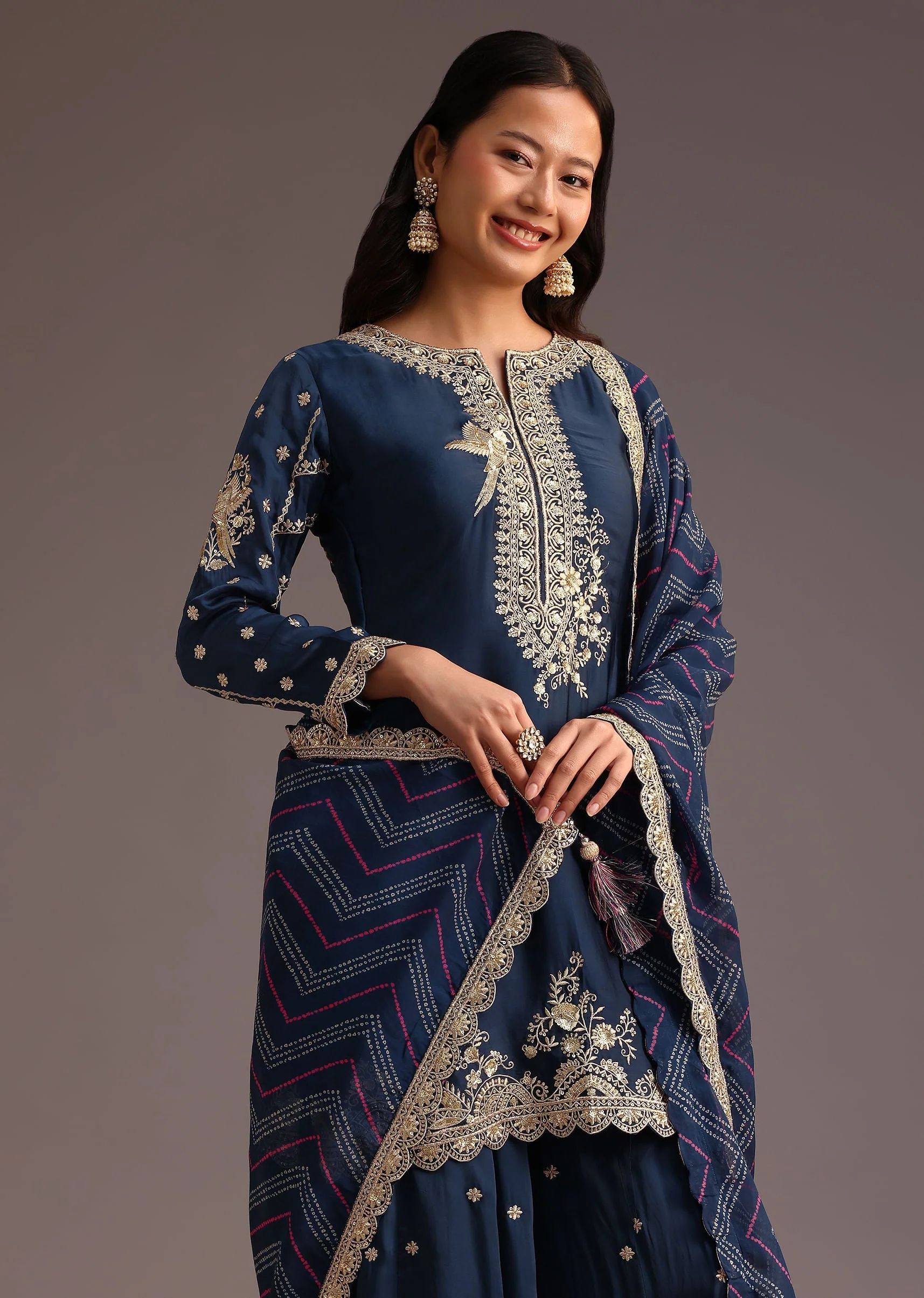 Blue Zari Work Palazzo Suit With Organza Dupatta - Image 4