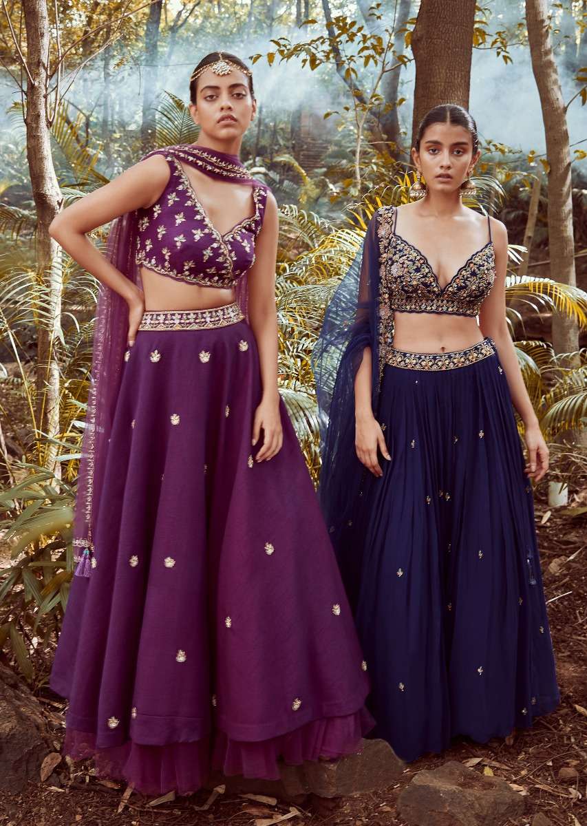 Blue blood Lehenga Choli With Hand Embroidered Crop Top Using Sequins And Beads In Floral Jaal Design - Image 3