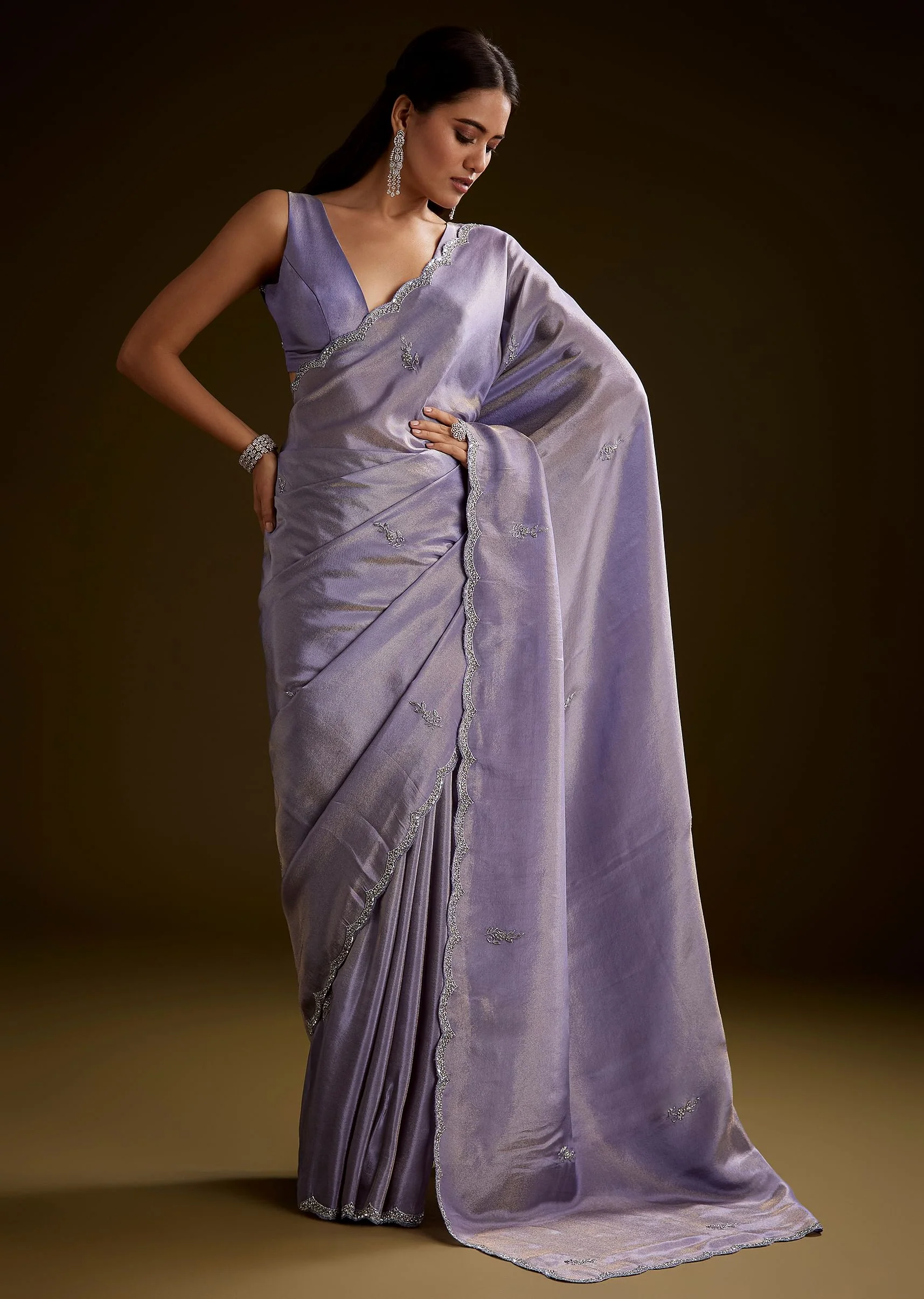 Blush Grey Tissue Saree With Cutdana And Sequins Embroidery And Scallop Border - Image 5