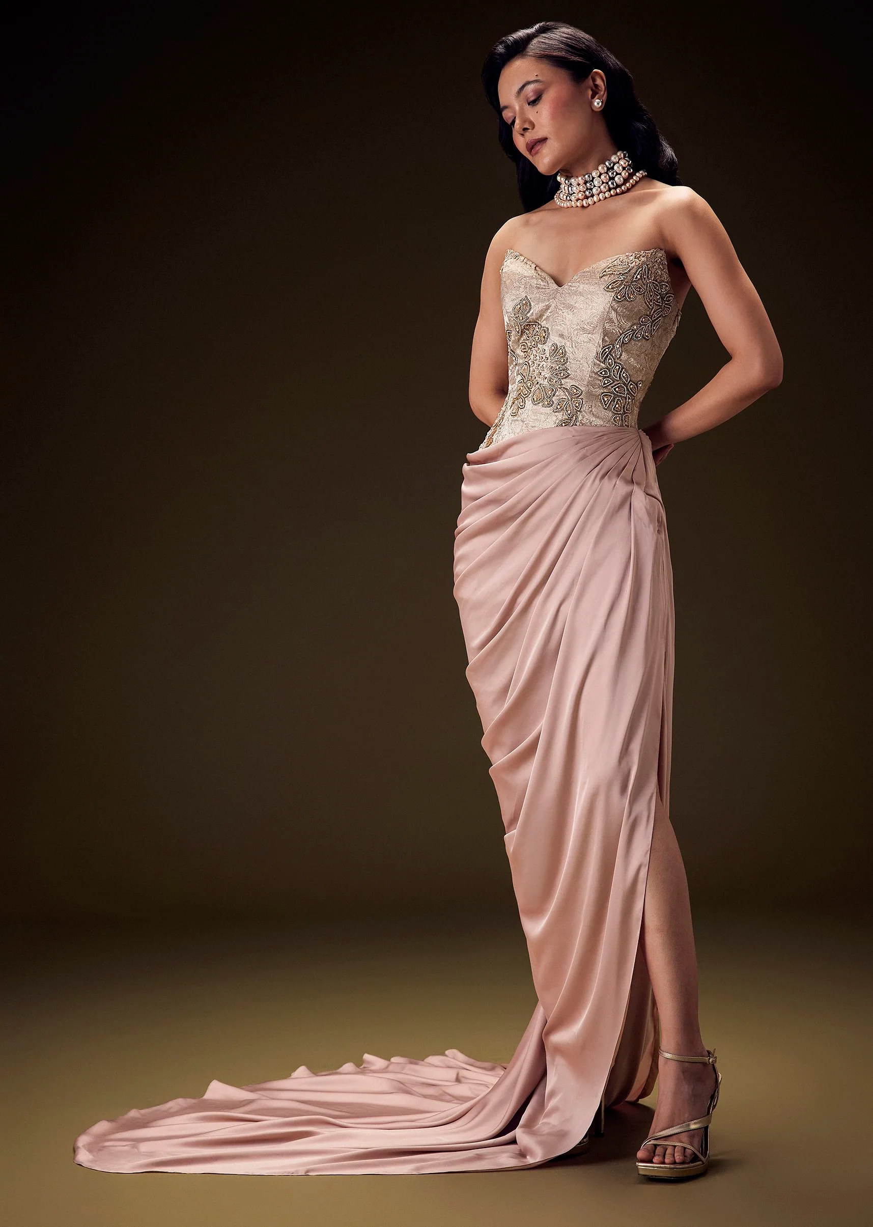Blush Peach Embroidered Brocade Corset Gown With Drape And Side Slit - Image 3