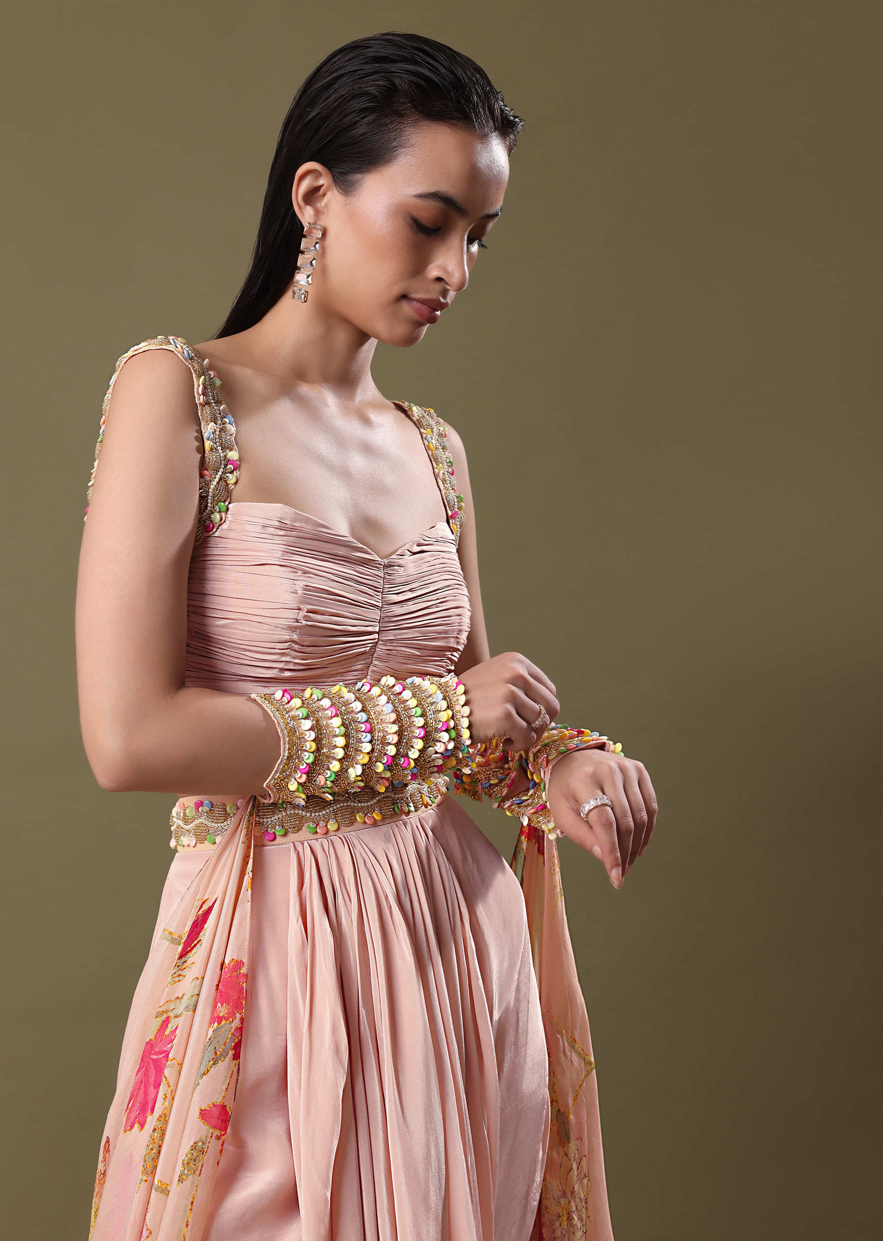 Blush Peach Lehenga With Blouse And Cuff Cape - Image 2
