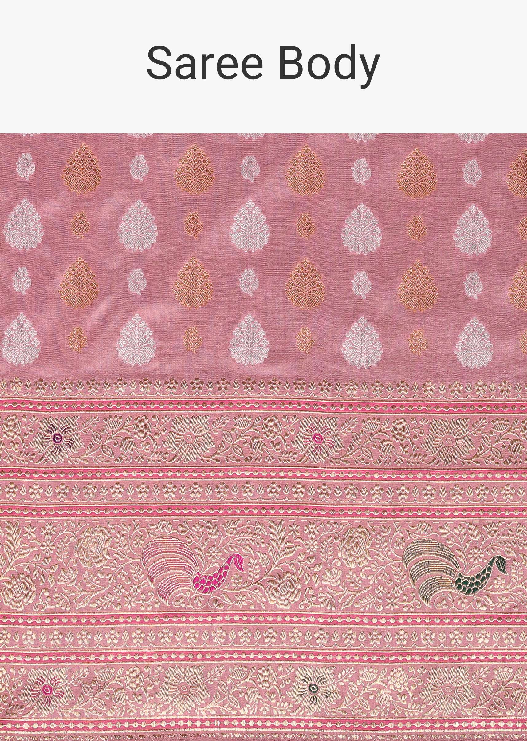 Blush Pink Banarasi Silk Saree In Kadhva Weave With Unstitched Blouse - Image 5
