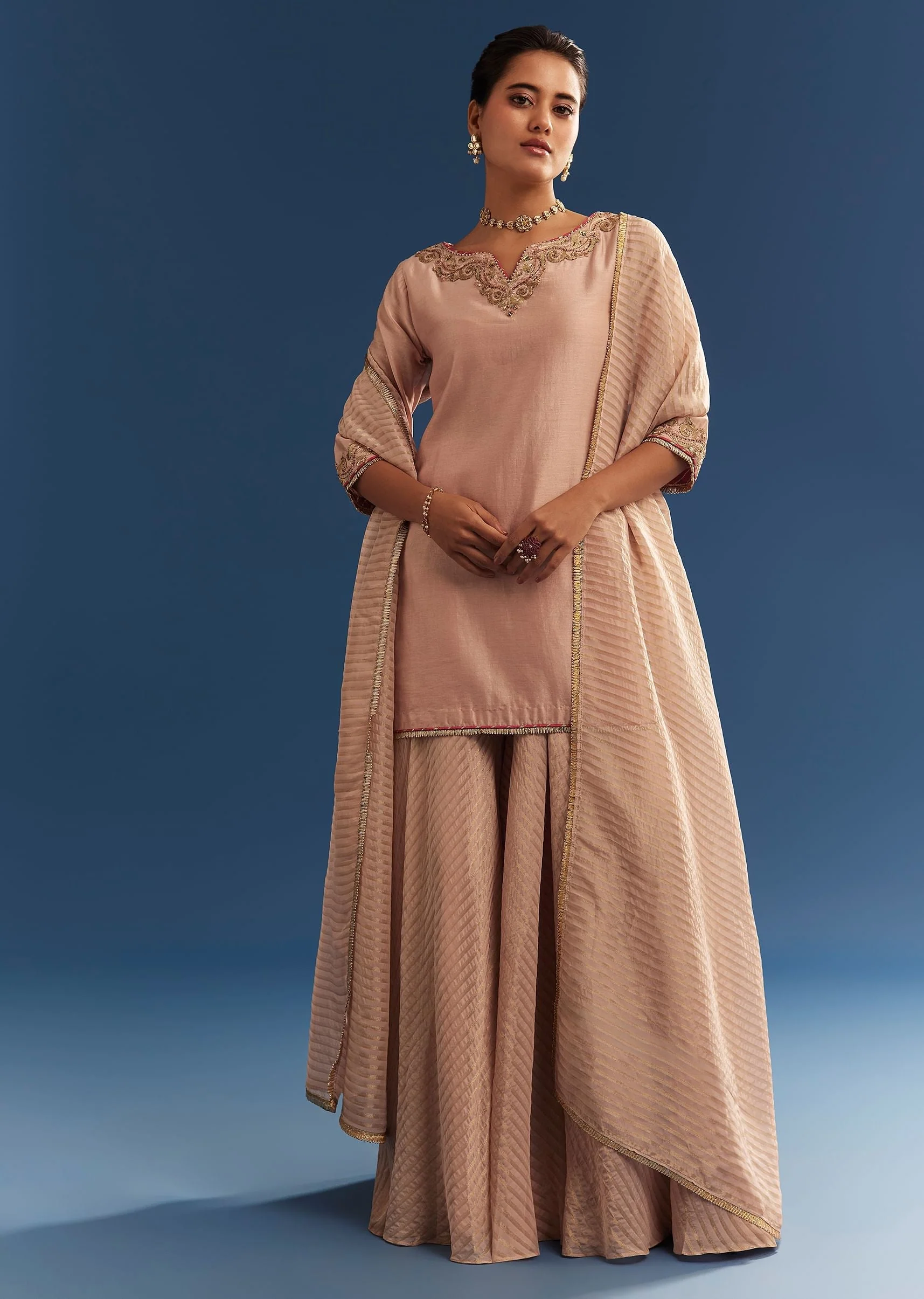 Blush Pink Chanderi Kurta Palazzo Set With Organza Dupatta - Image 3