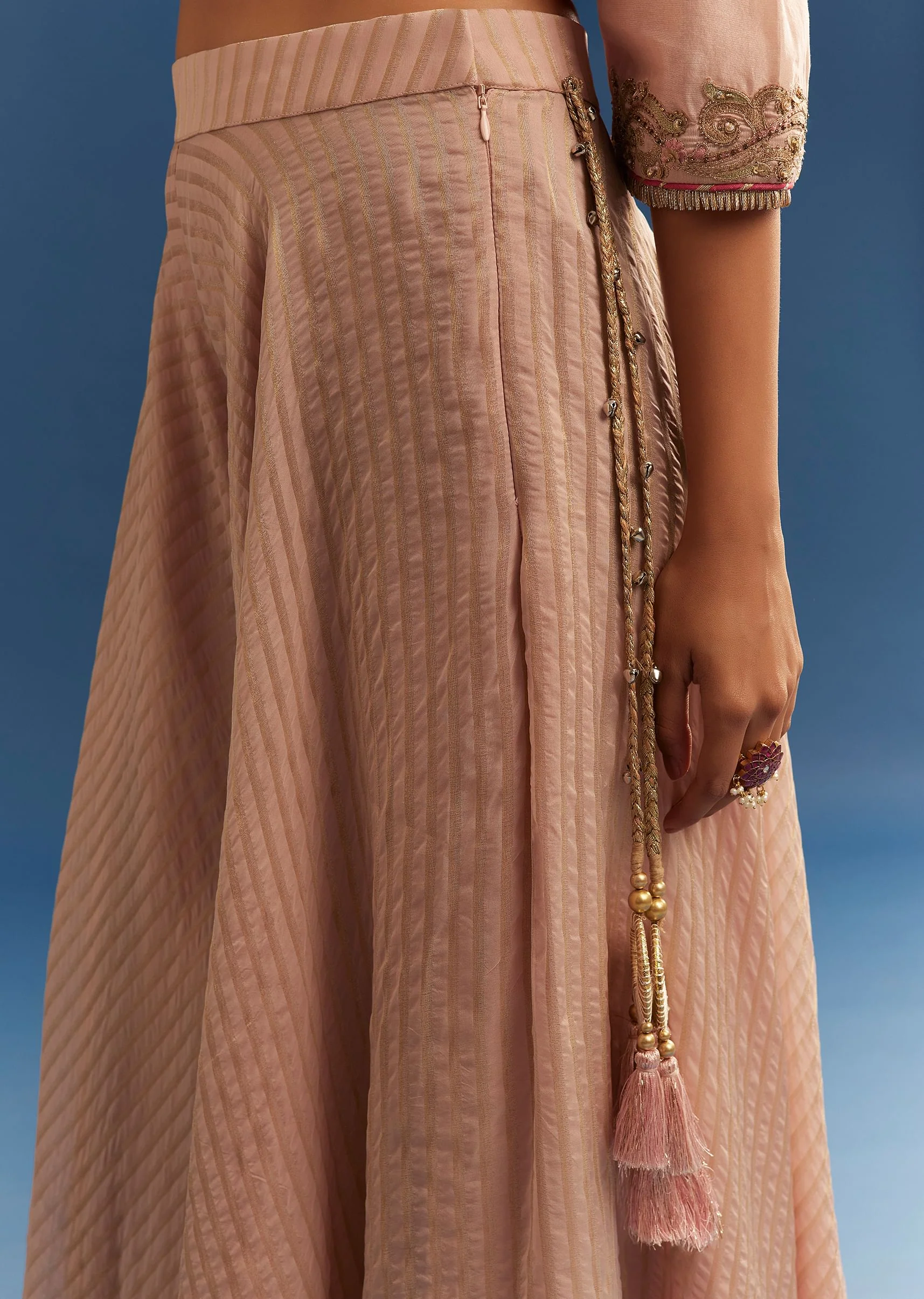 Blush Pink Chanderi Kurta Palazzo Set With Organza Dupatta - Image 6