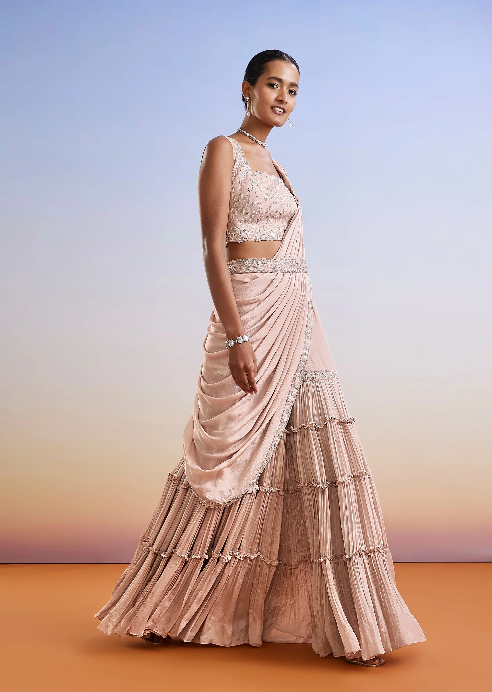 Blush Pink Draped Sharara Style Crop Top Set With Belt