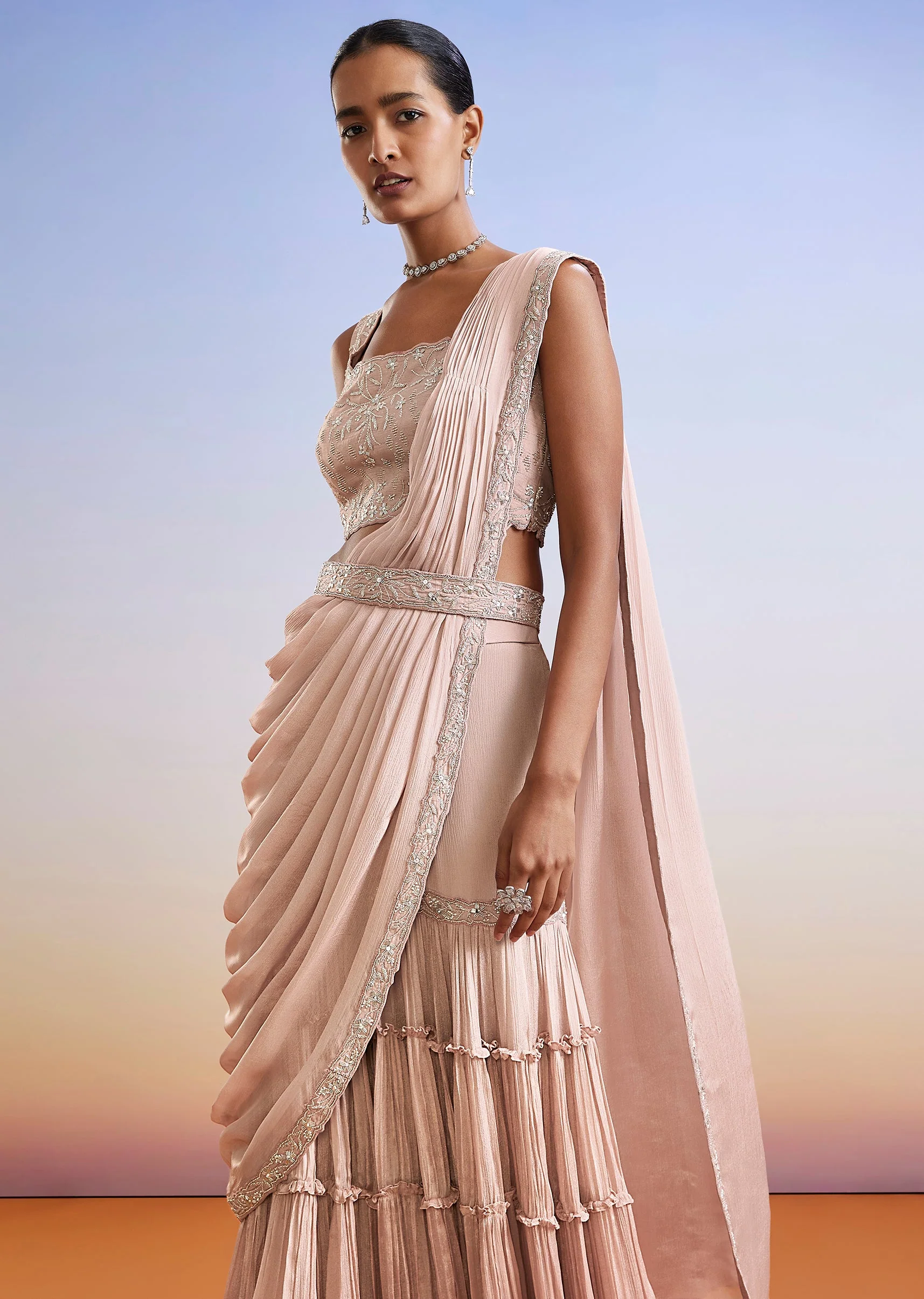 Blush Pink Draped Sharara Style Crop Top Set With Belt - Image 4