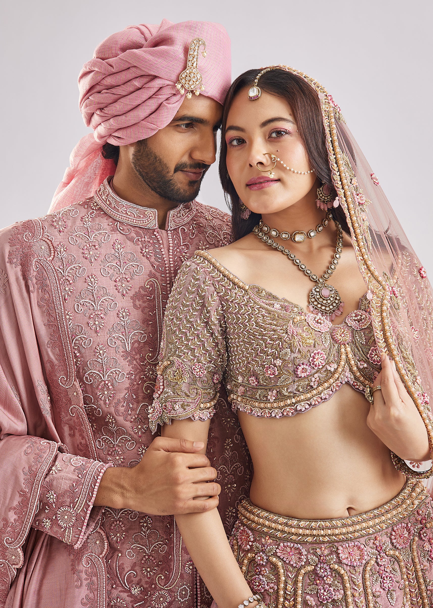 Blush Pink & Dusty Rose Duo — Bridal Lehenga For Her And Sherwani For Him - Image 5
