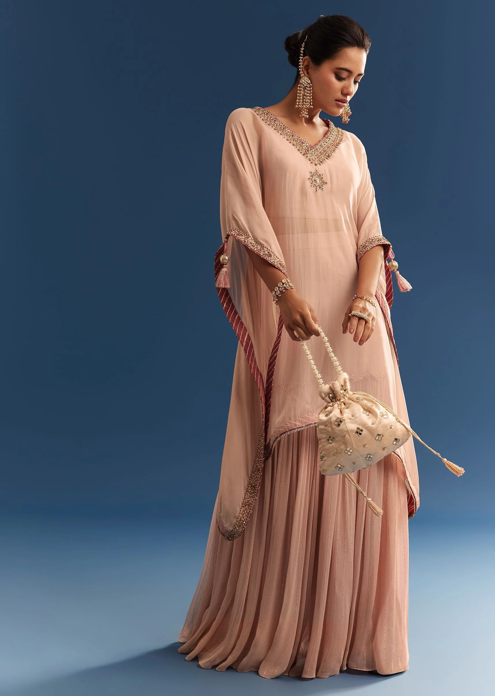 Blush Pink Embroidered Kaftan Sharara Set In Organza - Image 3
