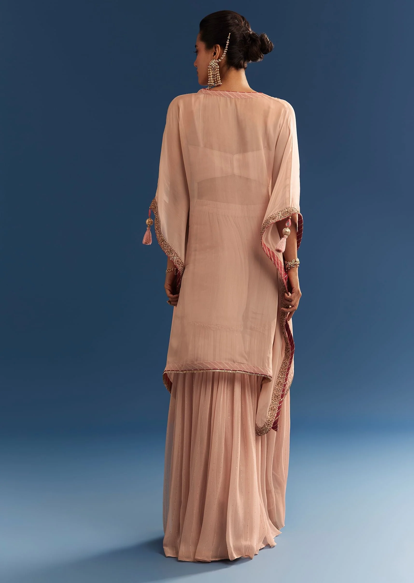 Blush Pink Embroidered Kaftan Sharara Set In Organza - Image 5