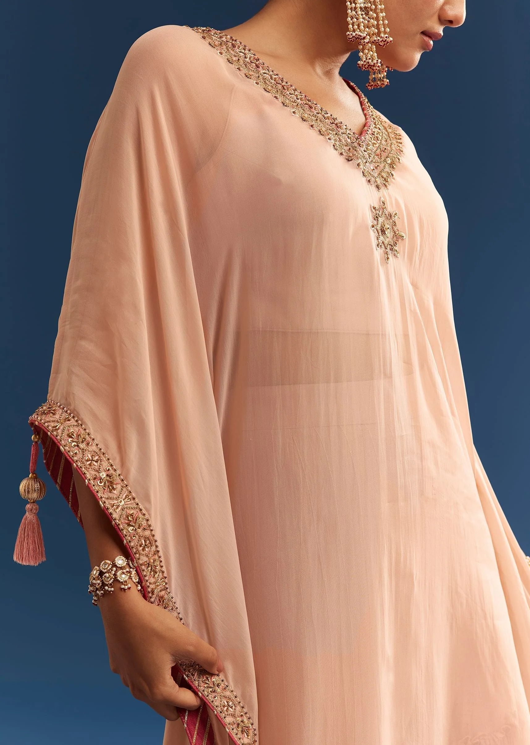 Blush Pink Embroidered Kaftan Sharara Set In Organza - Image 6