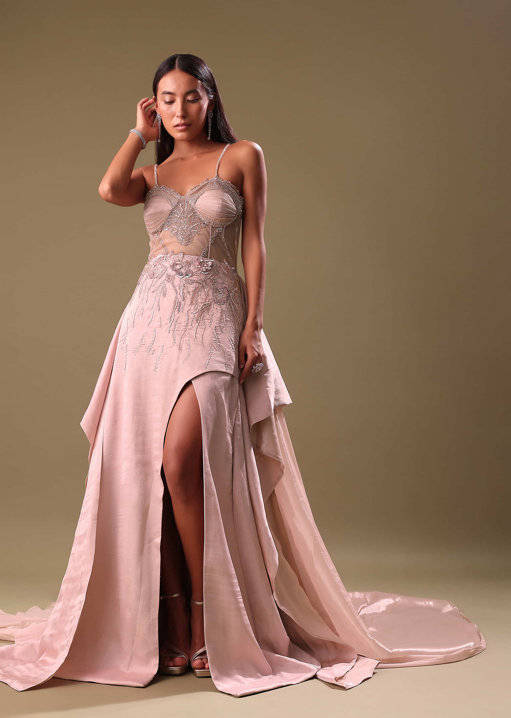 Blush Pink Embroidered Organza Gown - Image 3