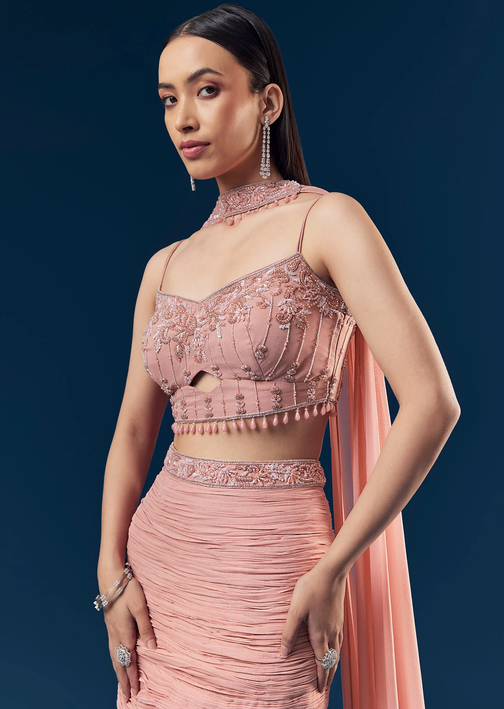 Blush Pink Georgette Fish Cut Lehenga With Embroidered Sleeveless Blouse And Choker Dupatta - Image 3