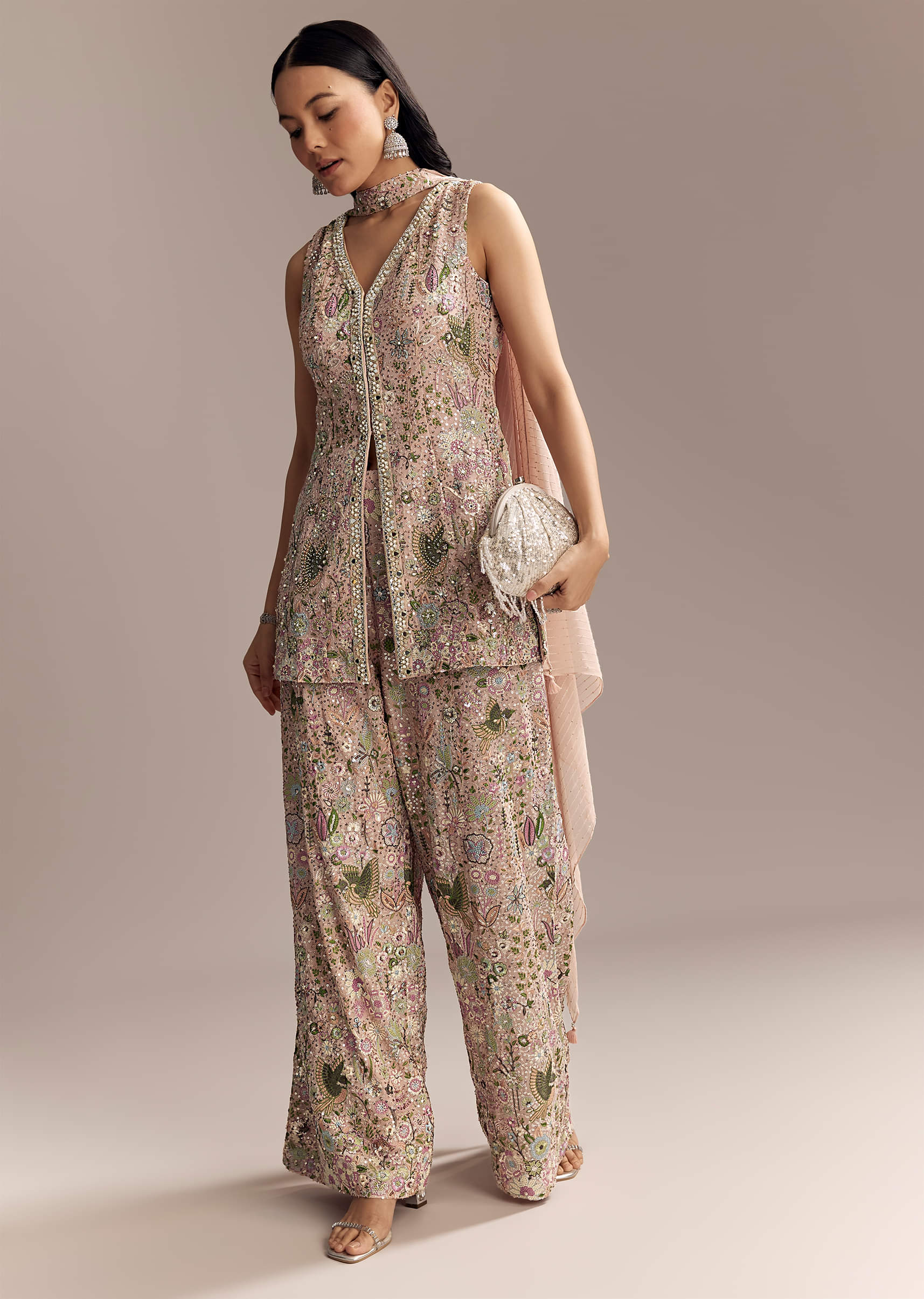 Blush Pink Georgette Palazzo Suit With Sequins And Resham Work - Image 3