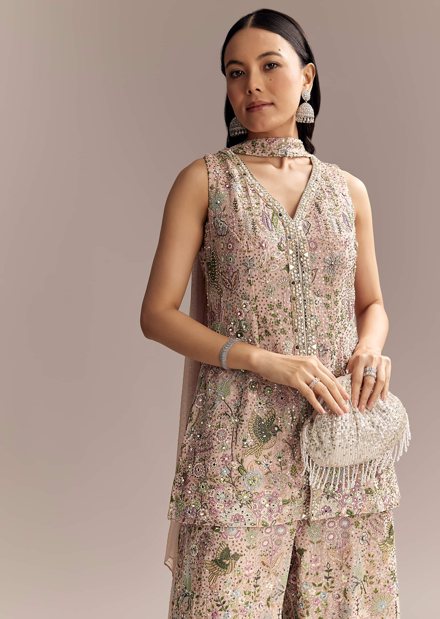 Blush Pink Georgette Palazzo Suit With Sequins And Resham Work - Image 4