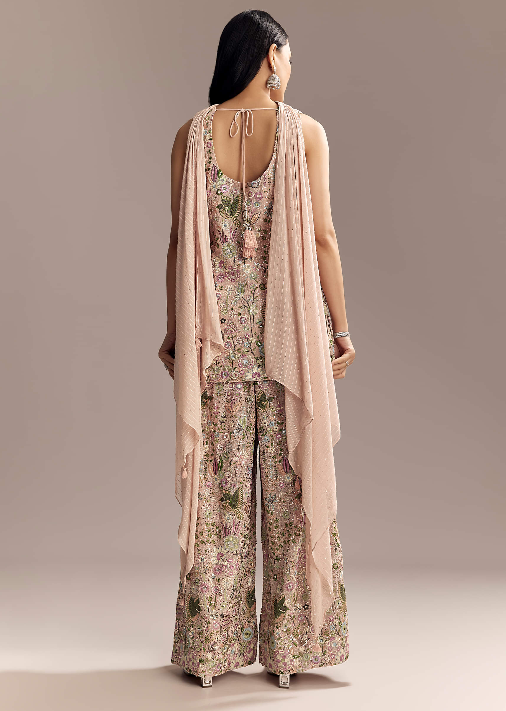 Blush Pink Georgette Palazzo Suit With Sequins And Resham Work - Image 5