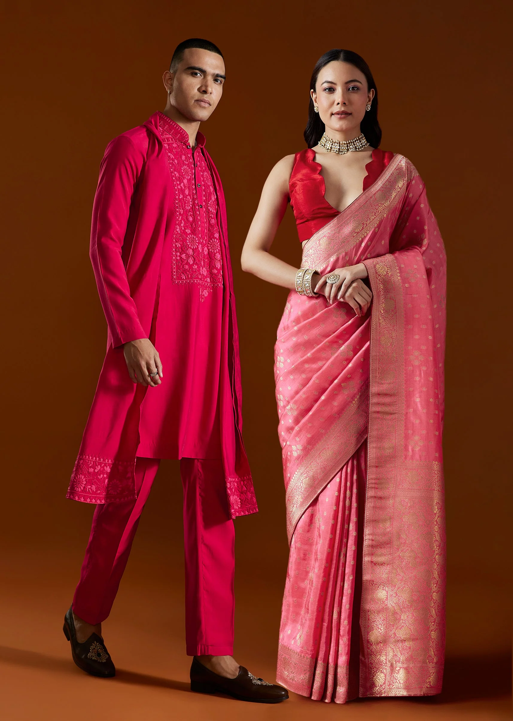 Blush Pink Harmony – Woven Saree For Her And Embroidered Kurta Set For Him