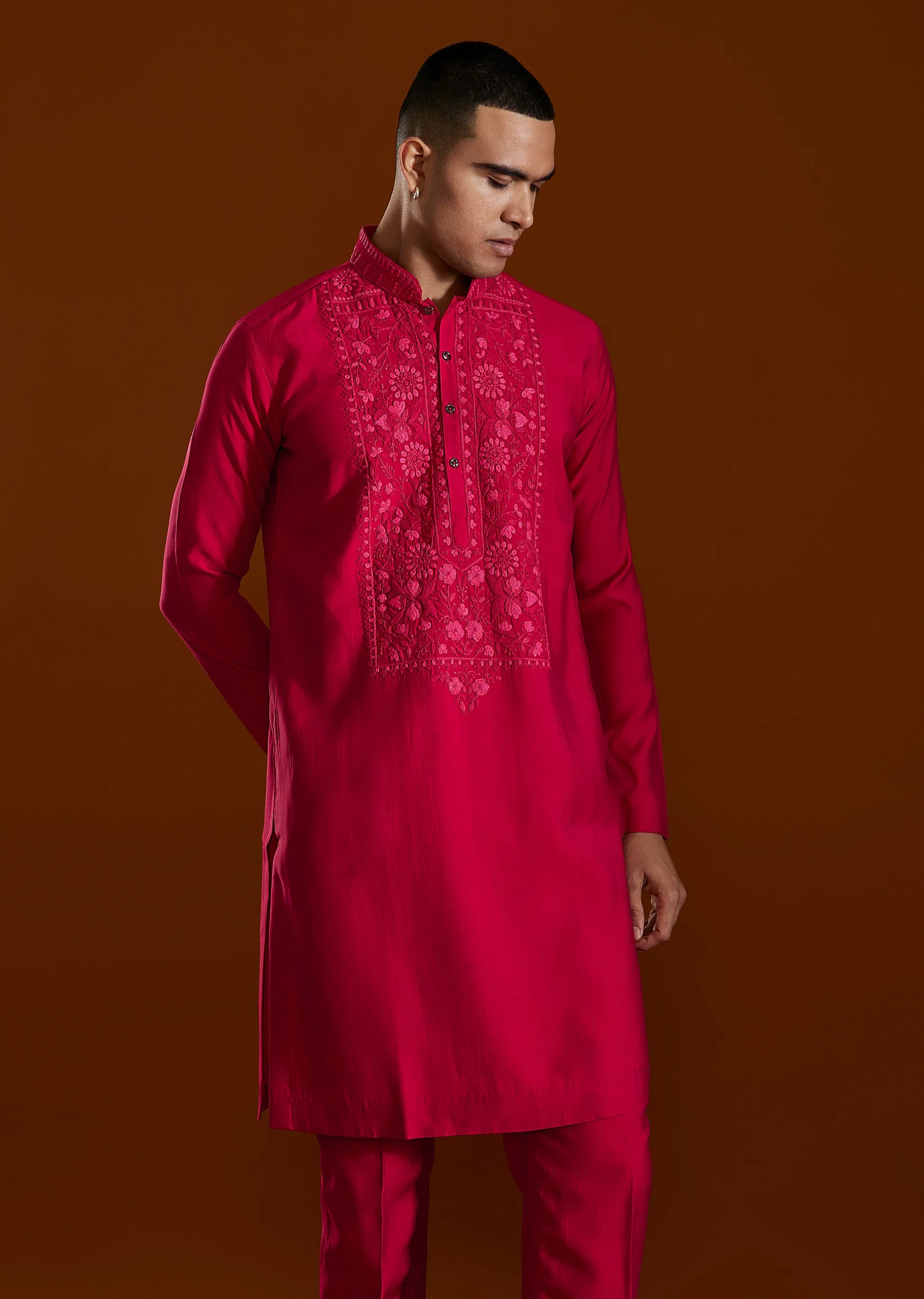 Blush Pink Harmony – Woven Saree For Her And Embroidered Kurta Set For Him - Image 11