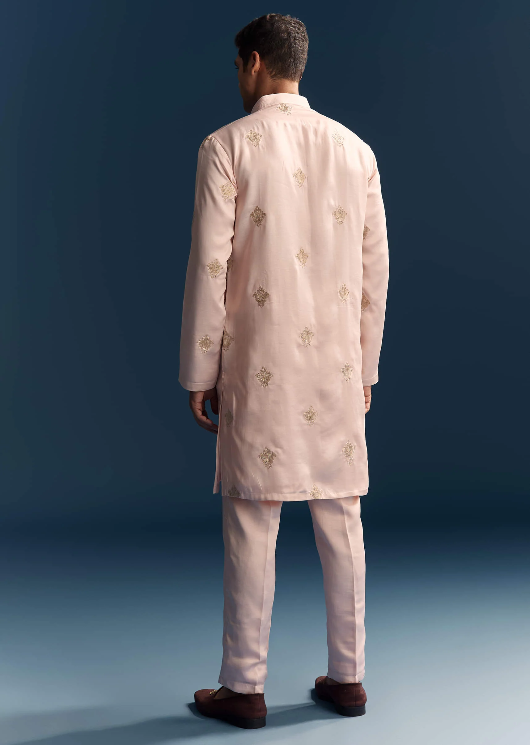 Blush Pink Kurta Set For Men With Gold Thread Work - Image 3