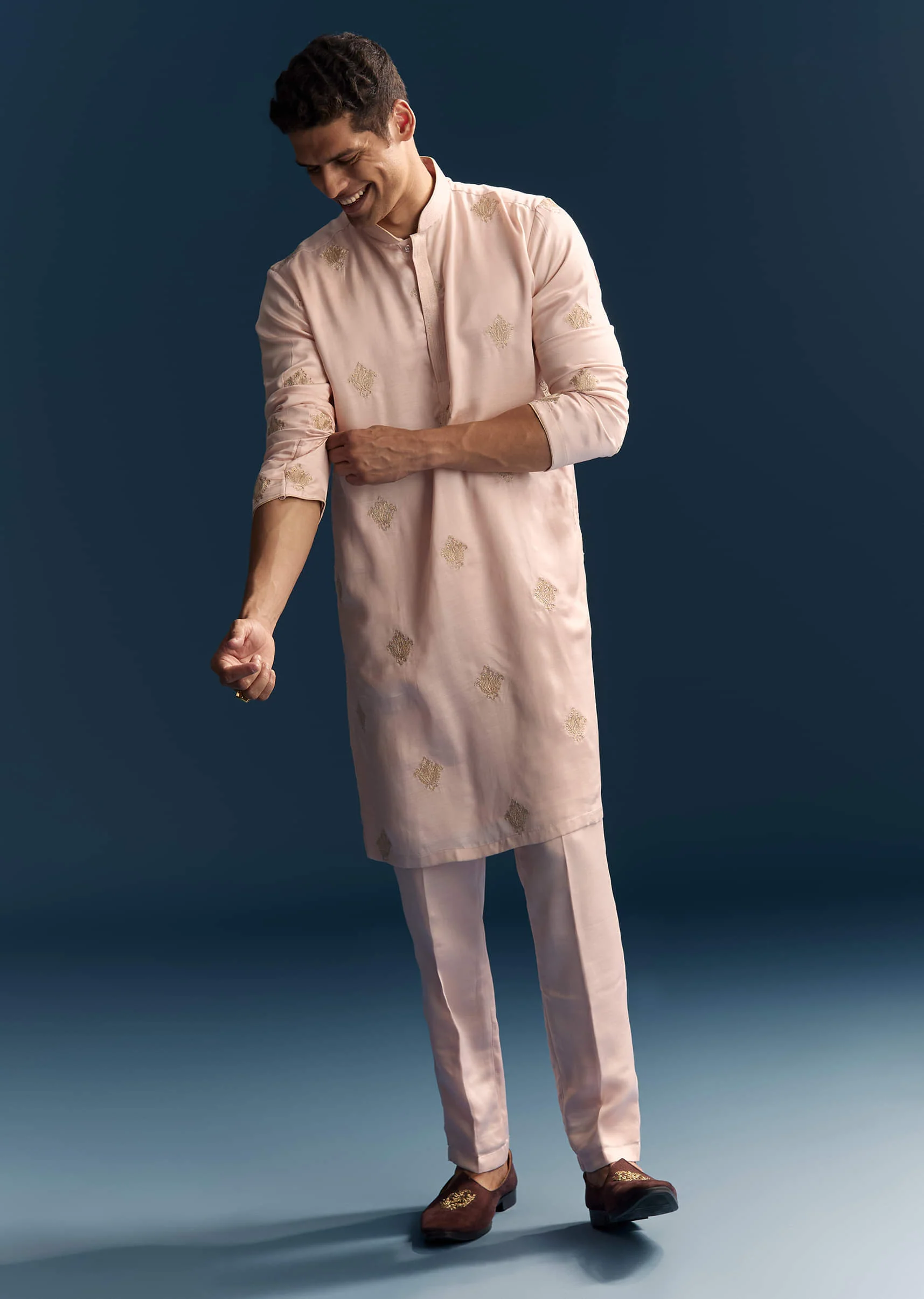 Blush Pink Kurta Set For Men With Gold Thread Work - Image 4