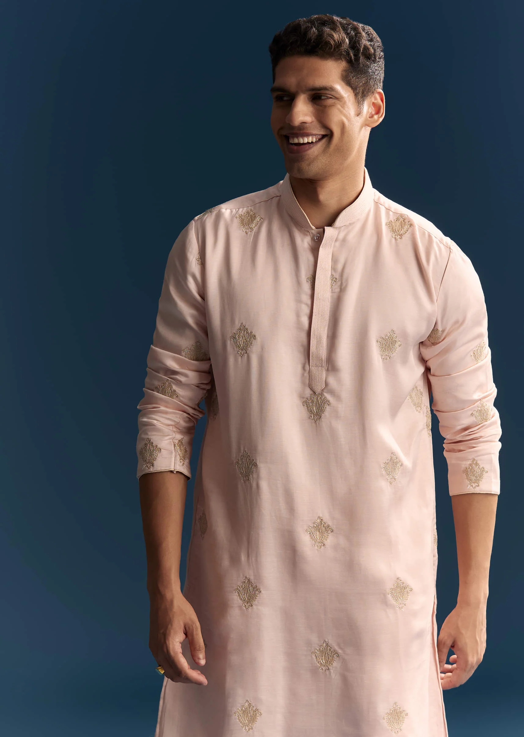 Blush Pink Kurta Set For Men With Gold Thread Work - Image 5