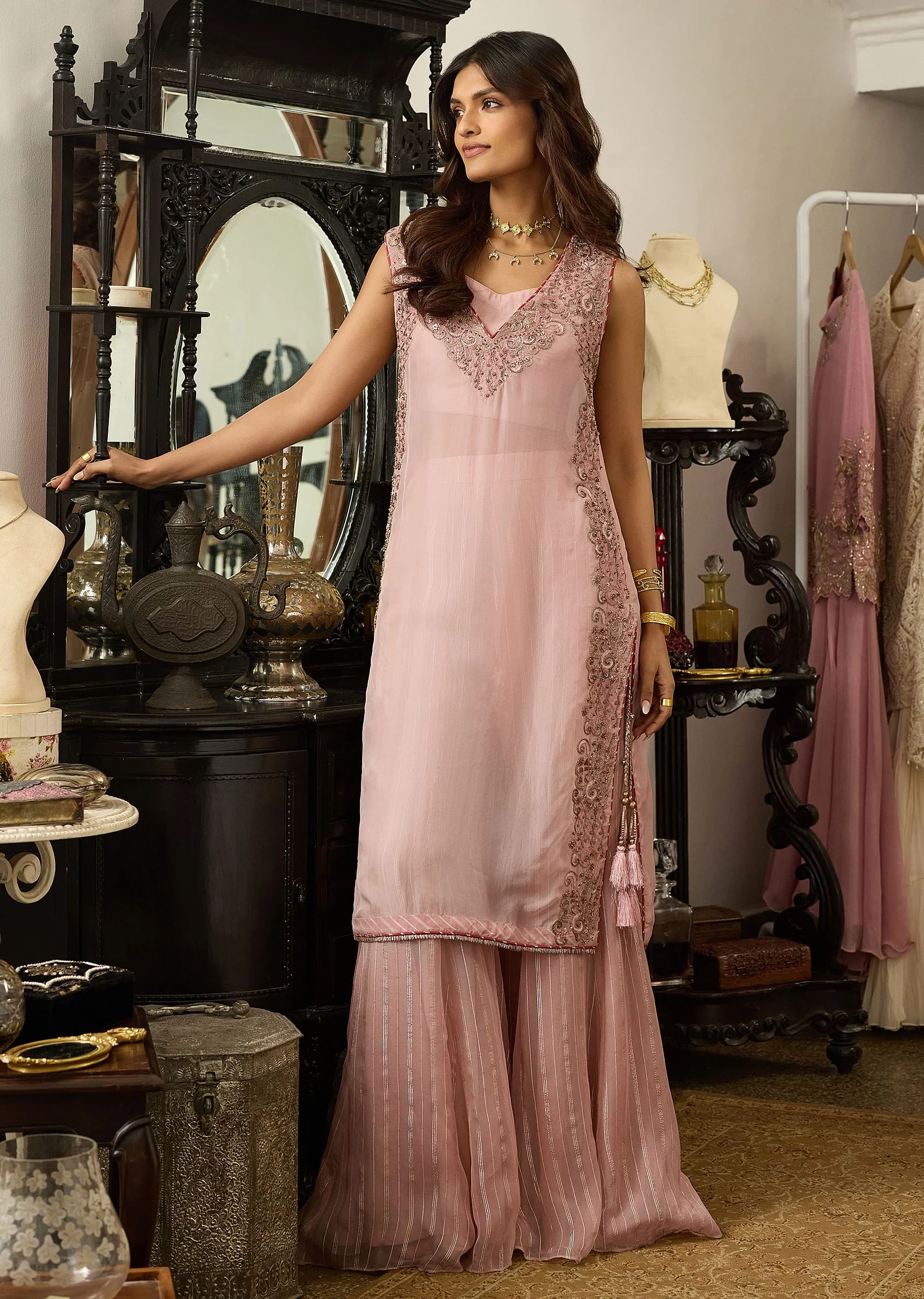 Blush Pink Organza Palazzo Set With Embroidered Kurta - Image 6