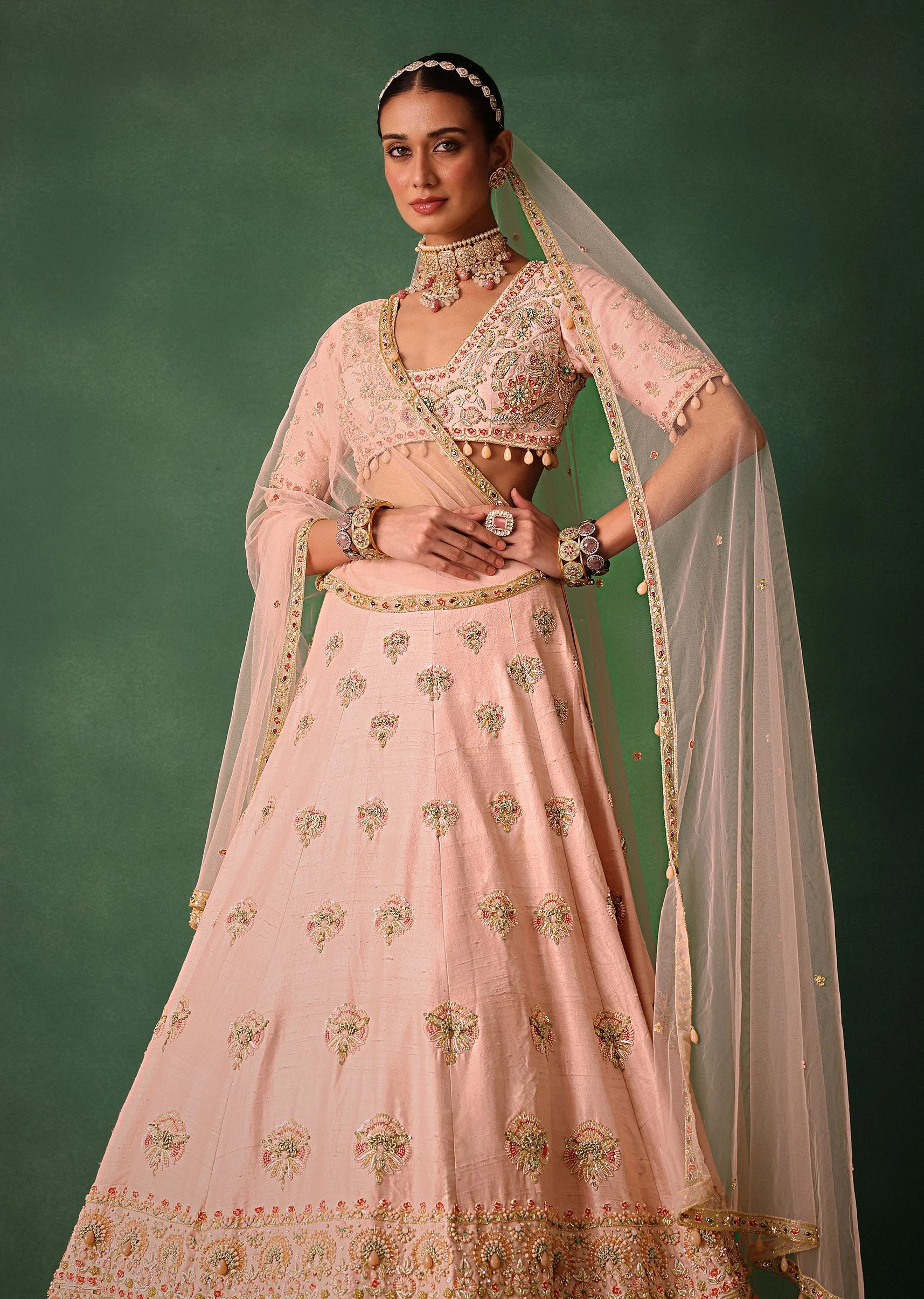 Blush Pink Raw Silk Zardosi Embroidered Bridal Lehenga Set - Image 2