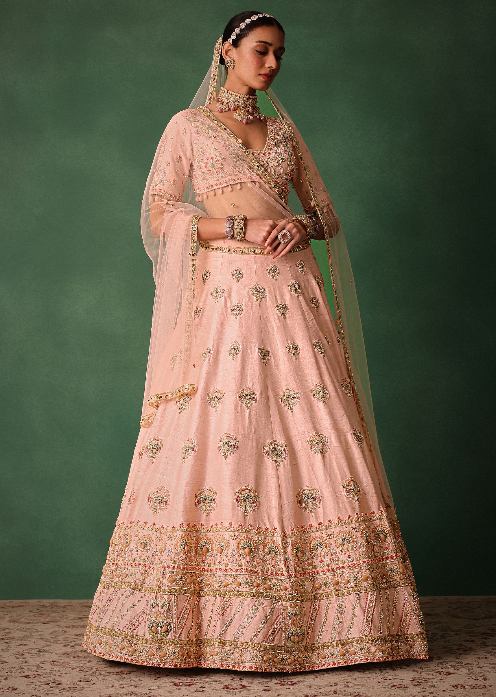 Blush Pink Raw Silk Zardosi Embroidered Bridal Lehenga Set - Image 3