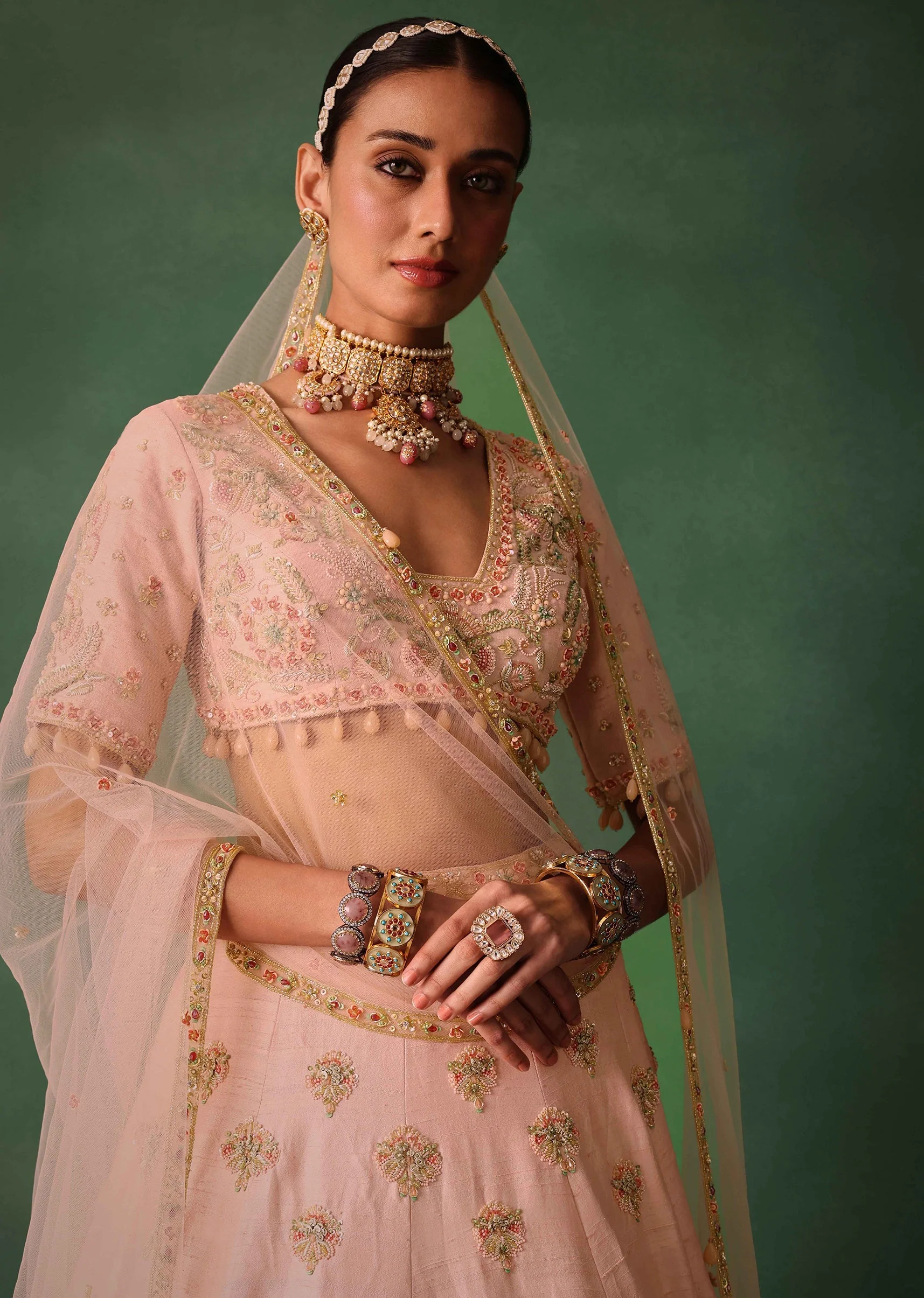 Blush Pink Raw Silk Zardosi Embroidered Bridal Lehenga Set - Image 4