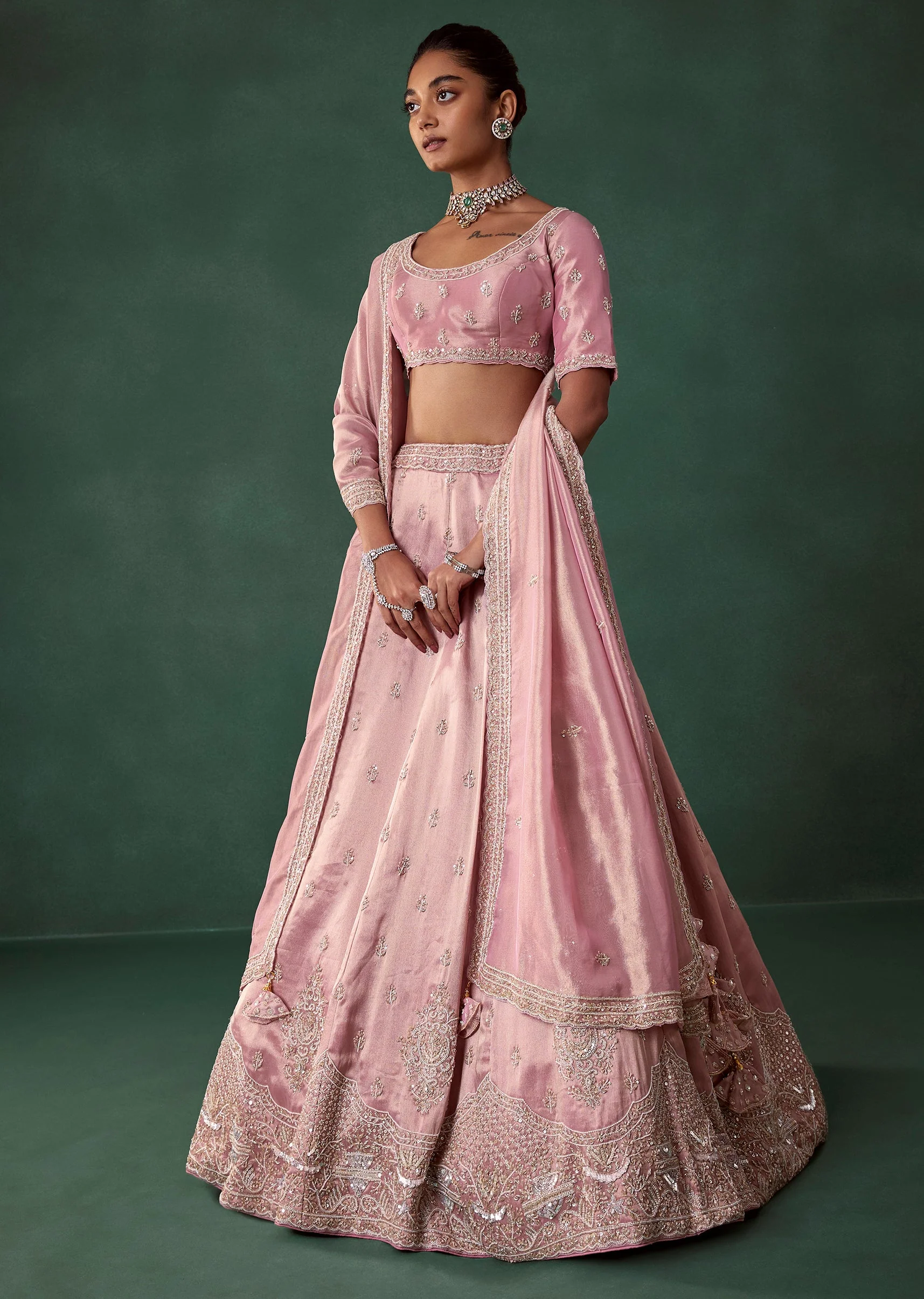 Blush Pink Tissue Butti Embroidered Bridal Lehenga Set