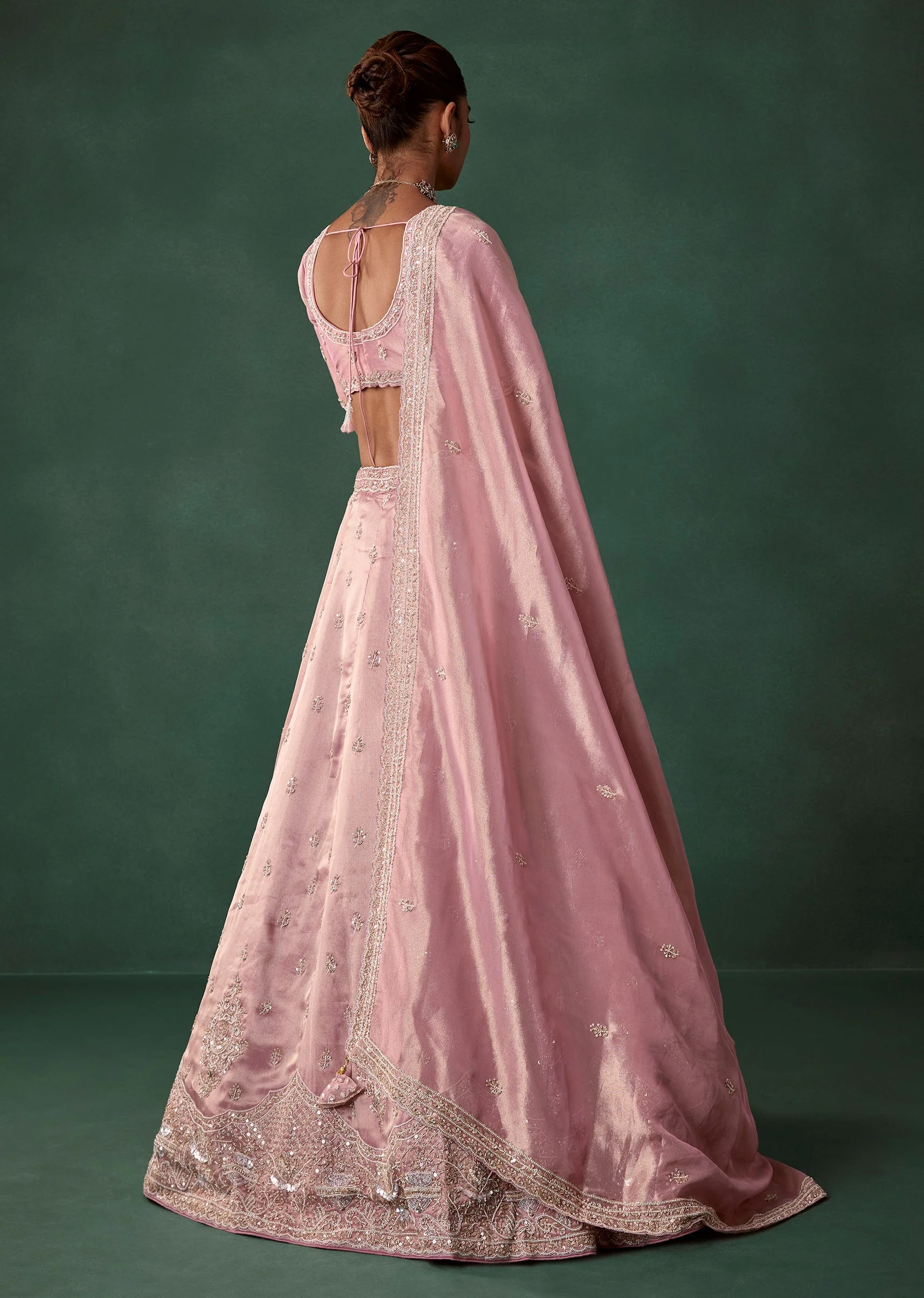 Blush Pink Tissue Butti Embroidered Bridal Lehenga Set - Image 2