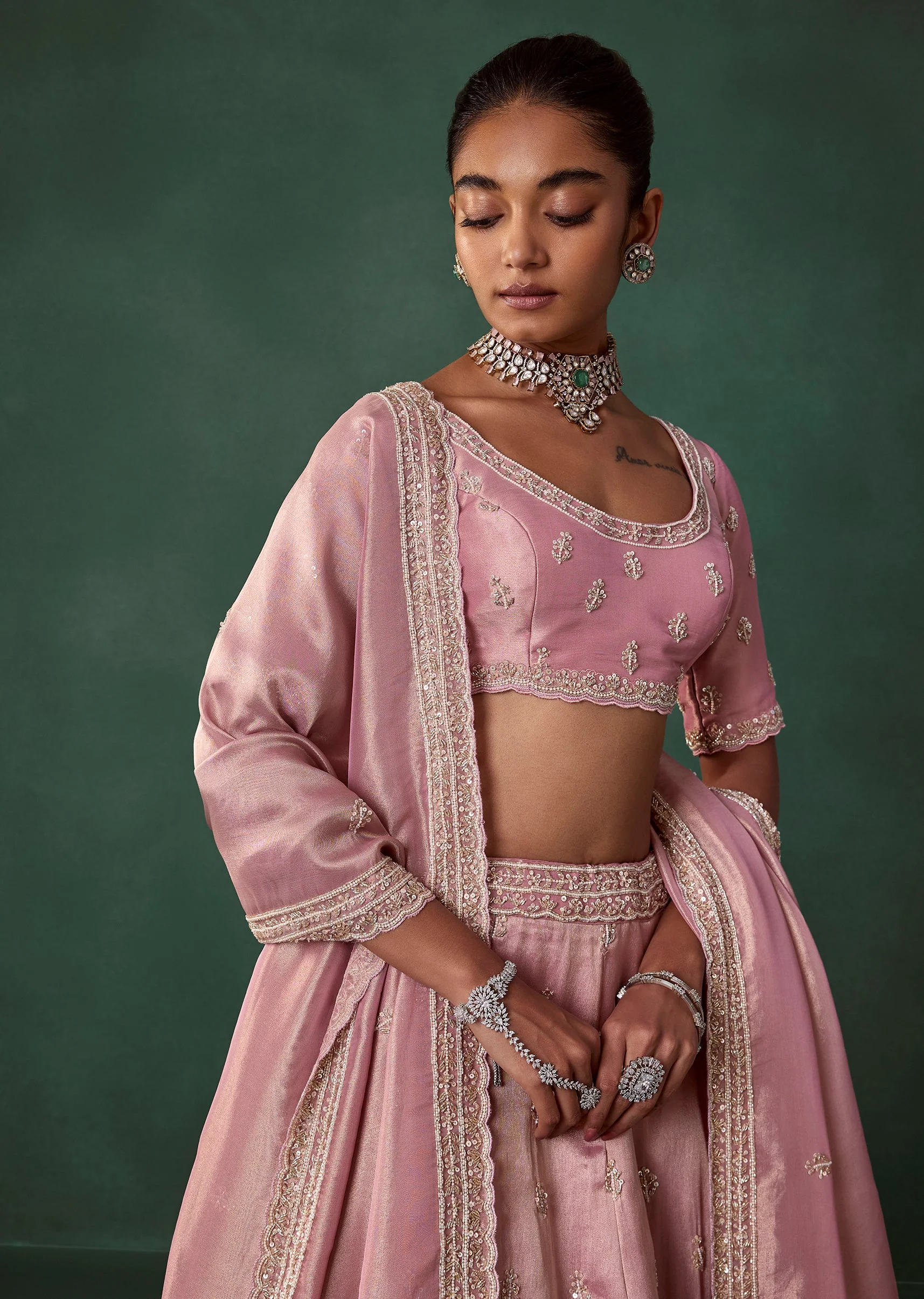 Blush Pink Tissue Butti Embroidered Bridal Lehenga Set - Image 3