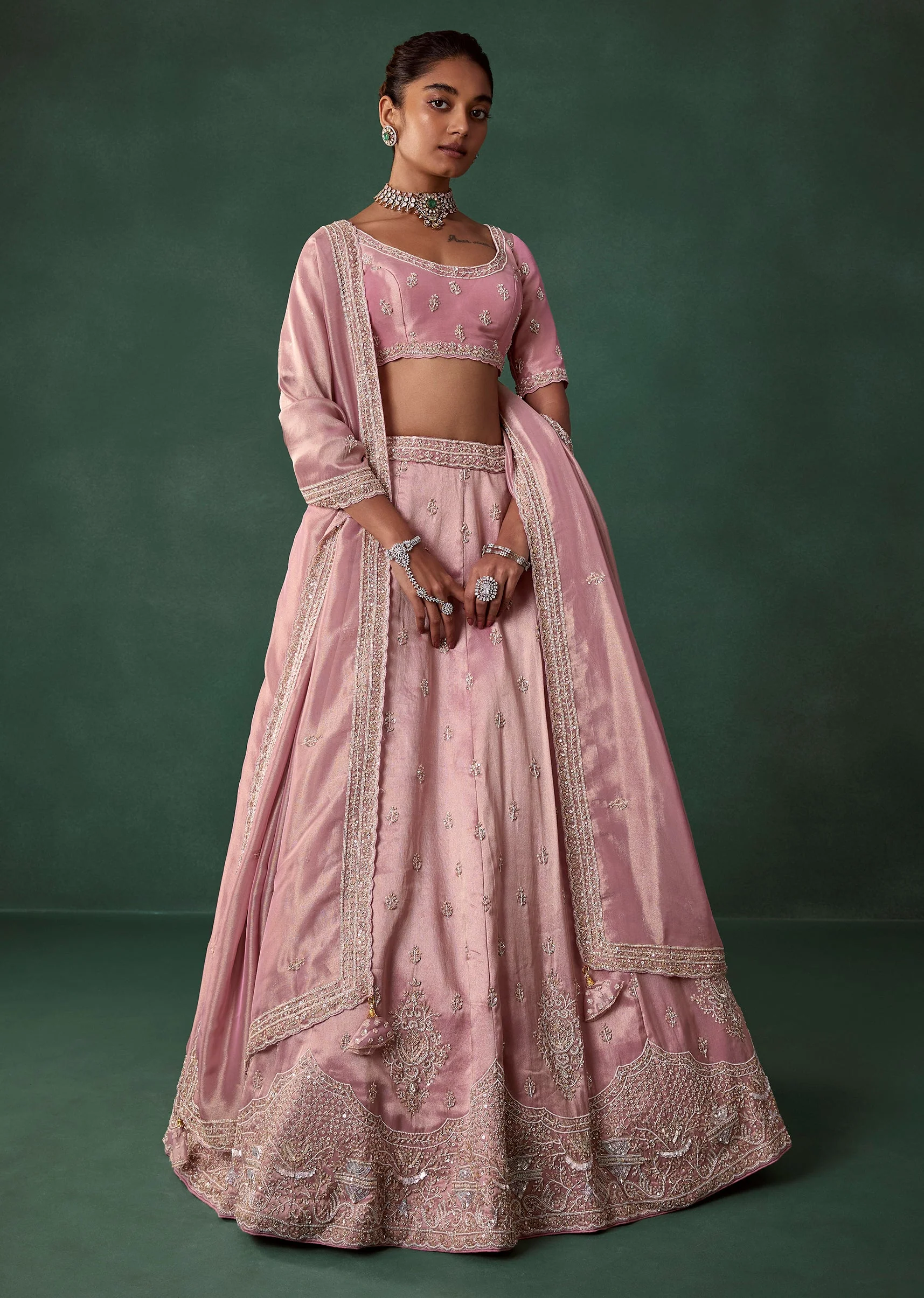 Blush Pink Tissue Butti Embroidered Bridal Lehenga Set - Image 4