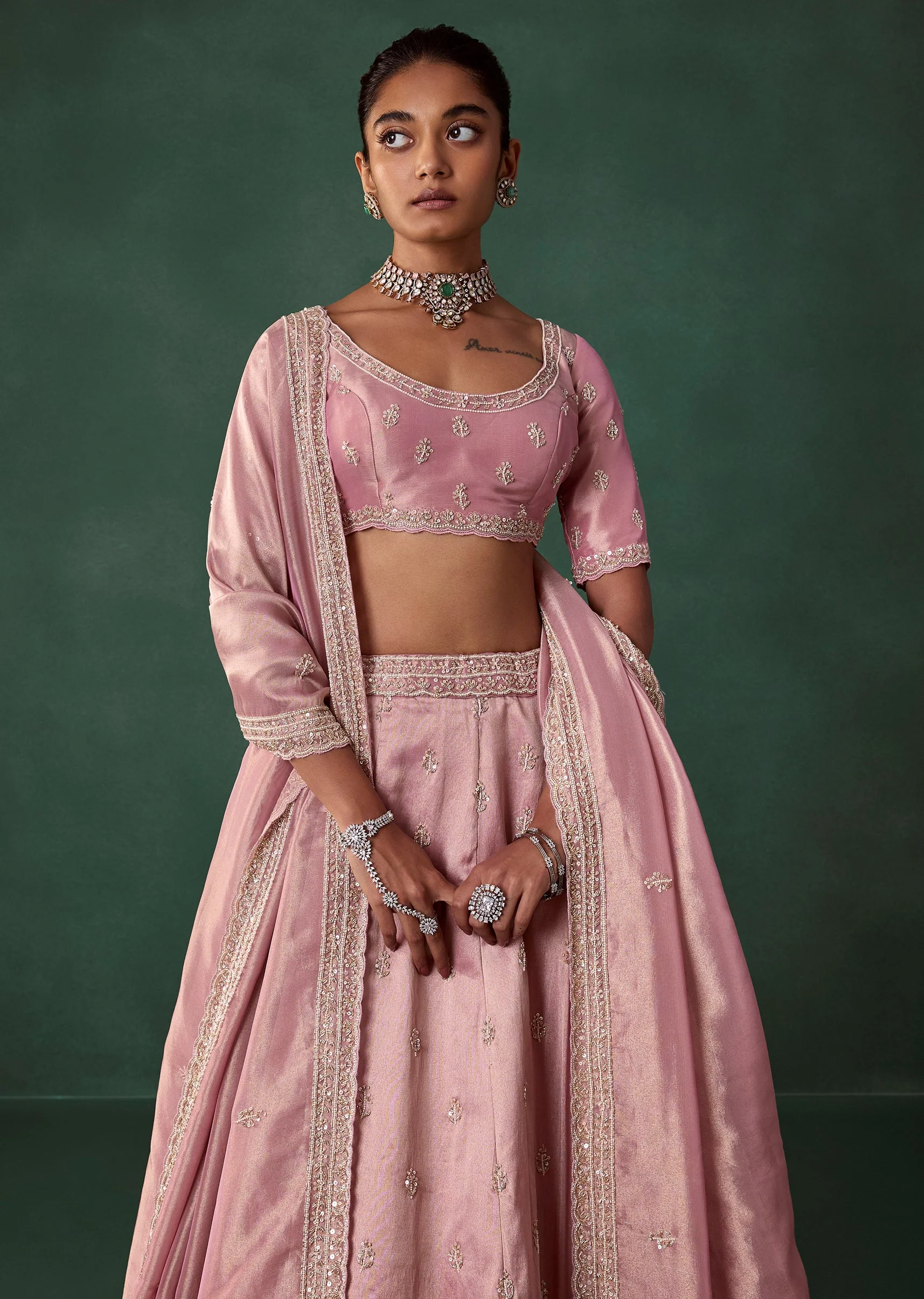 Blush Pink Tissue Butti Embroidered Bridal Lehenga Set - Image 5
