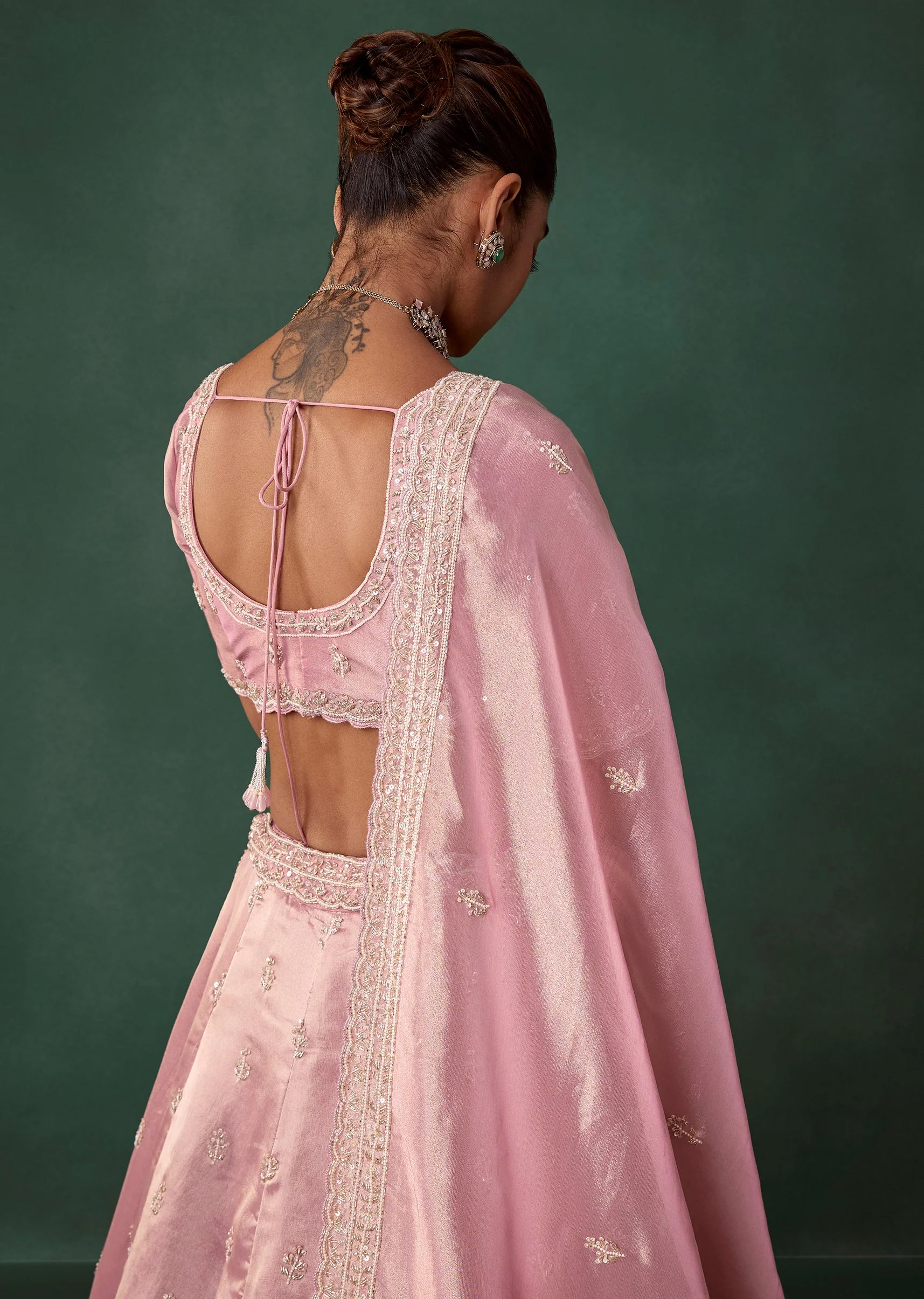 Blush Pink Tissue Butti Embroidered Bridal Lehenga Set - Image 6