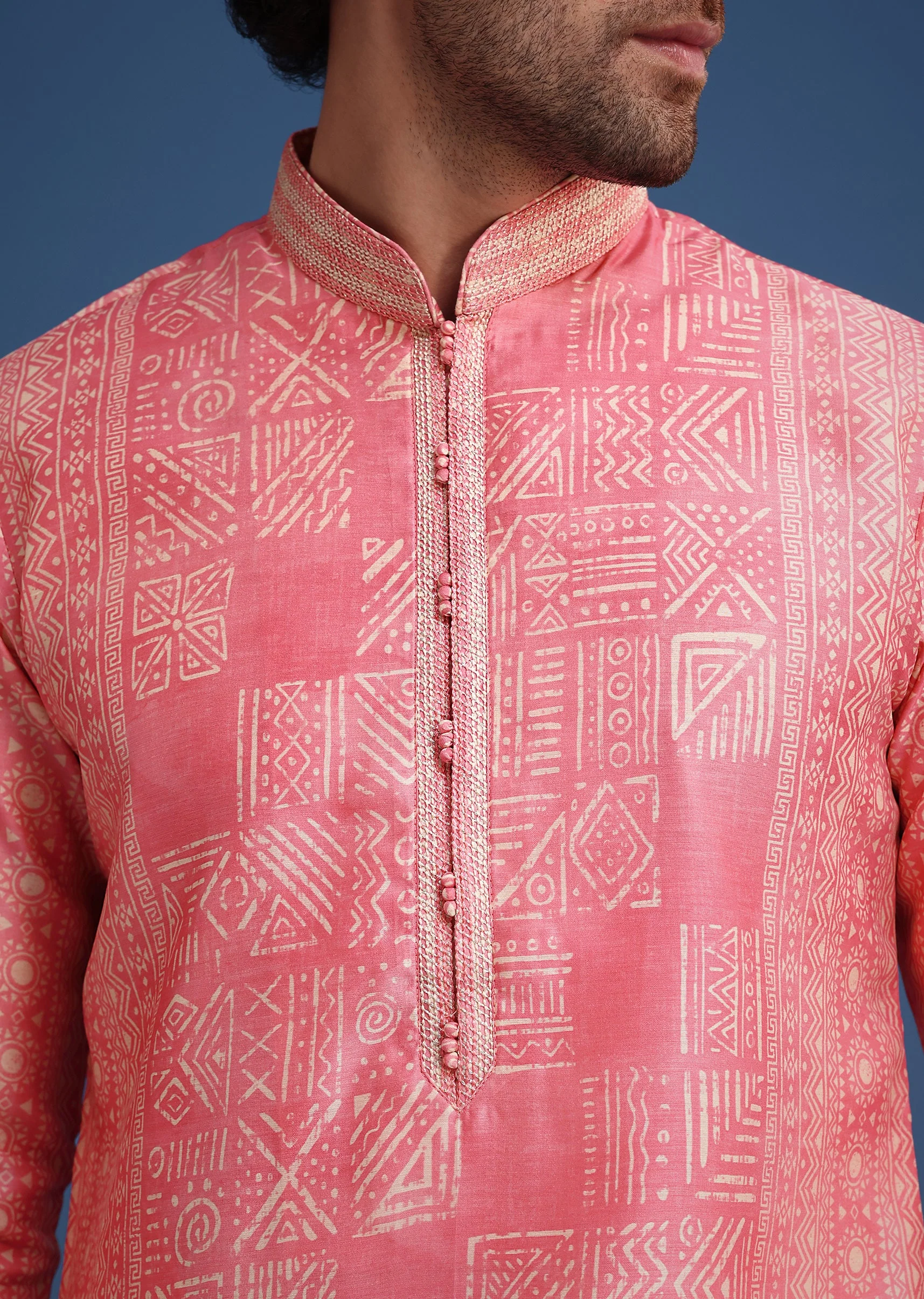 Blush Pink Twinning Ensemble – Gotta Work Sharara With Bandhani Dupatta For Her And Pink Silk Mandarin Collar Kurta For Him - Image 8