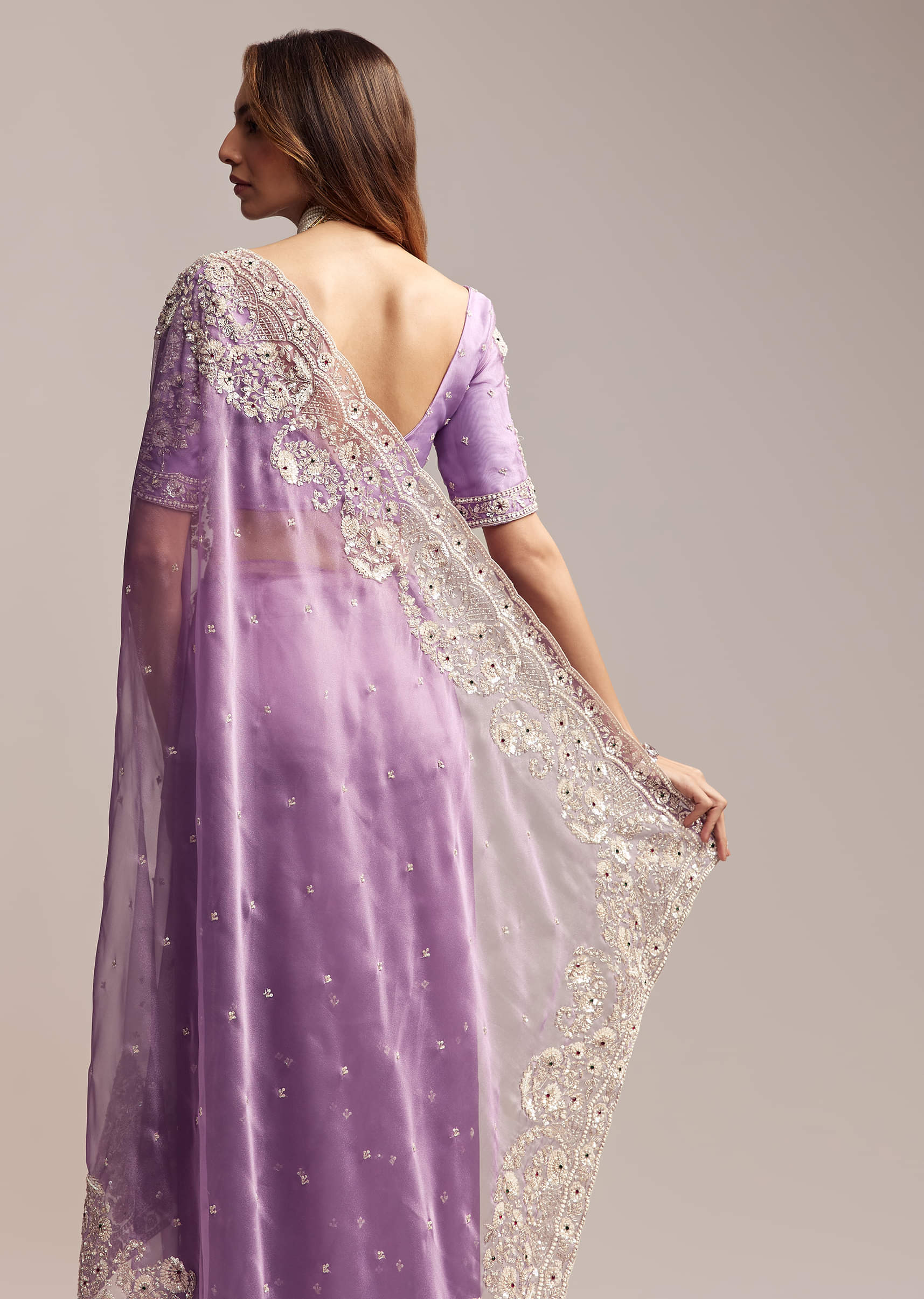Blush Purple Tissue Saree With Floral Embroidery - Image 3