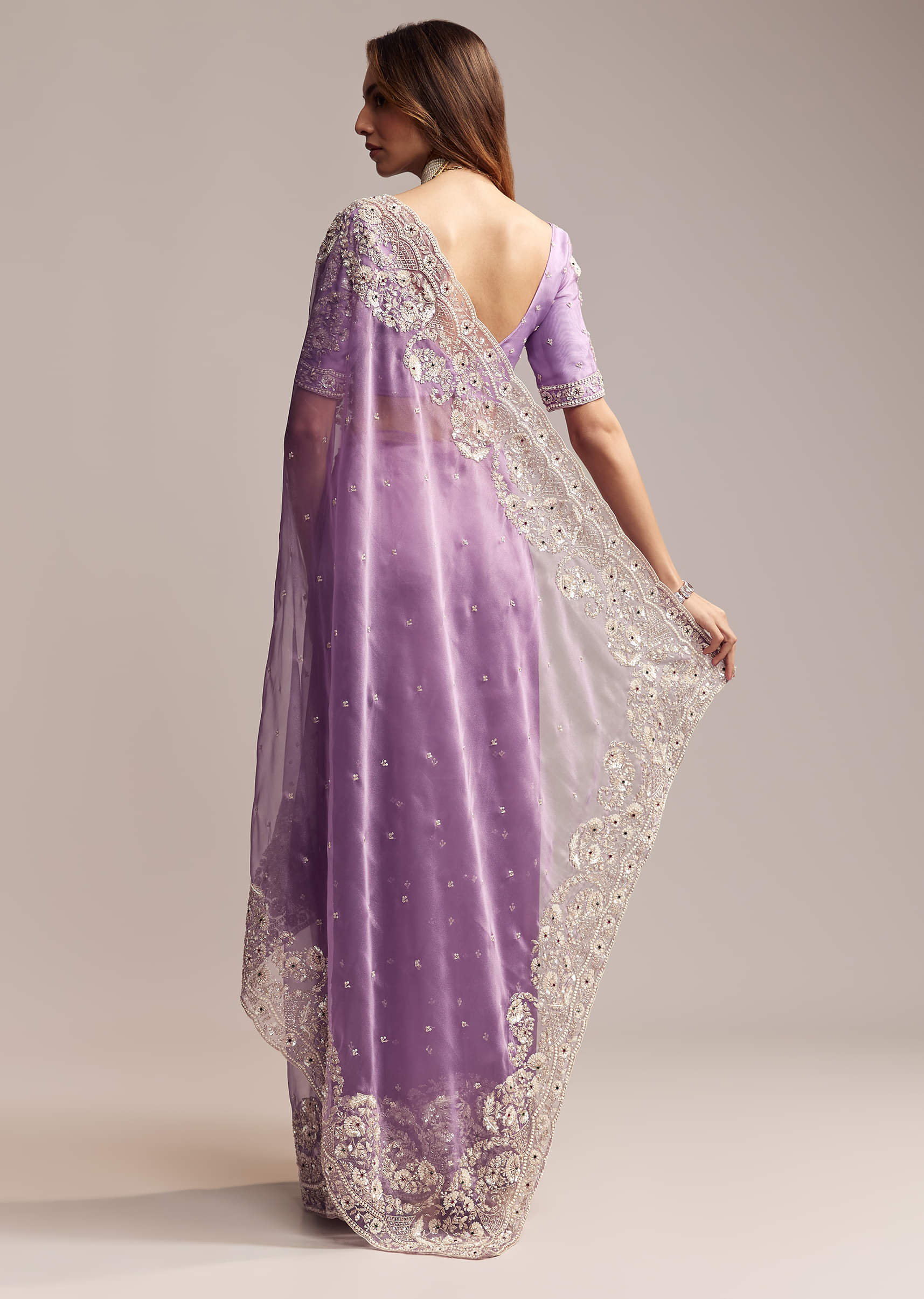 Blush Purple Tissue Saree With Floral Embroidery - Image 5