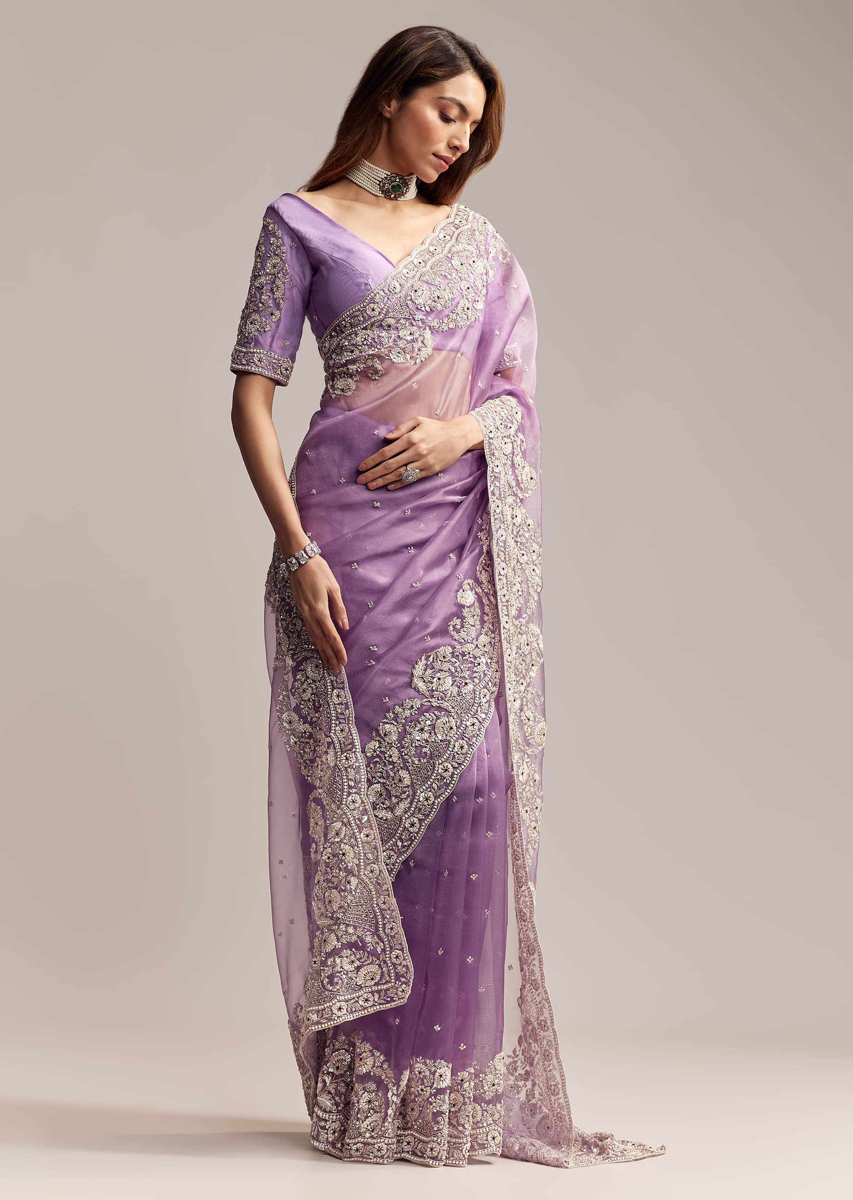 Blush Purple Tissue Saree With Floral Embroidery - Image 9