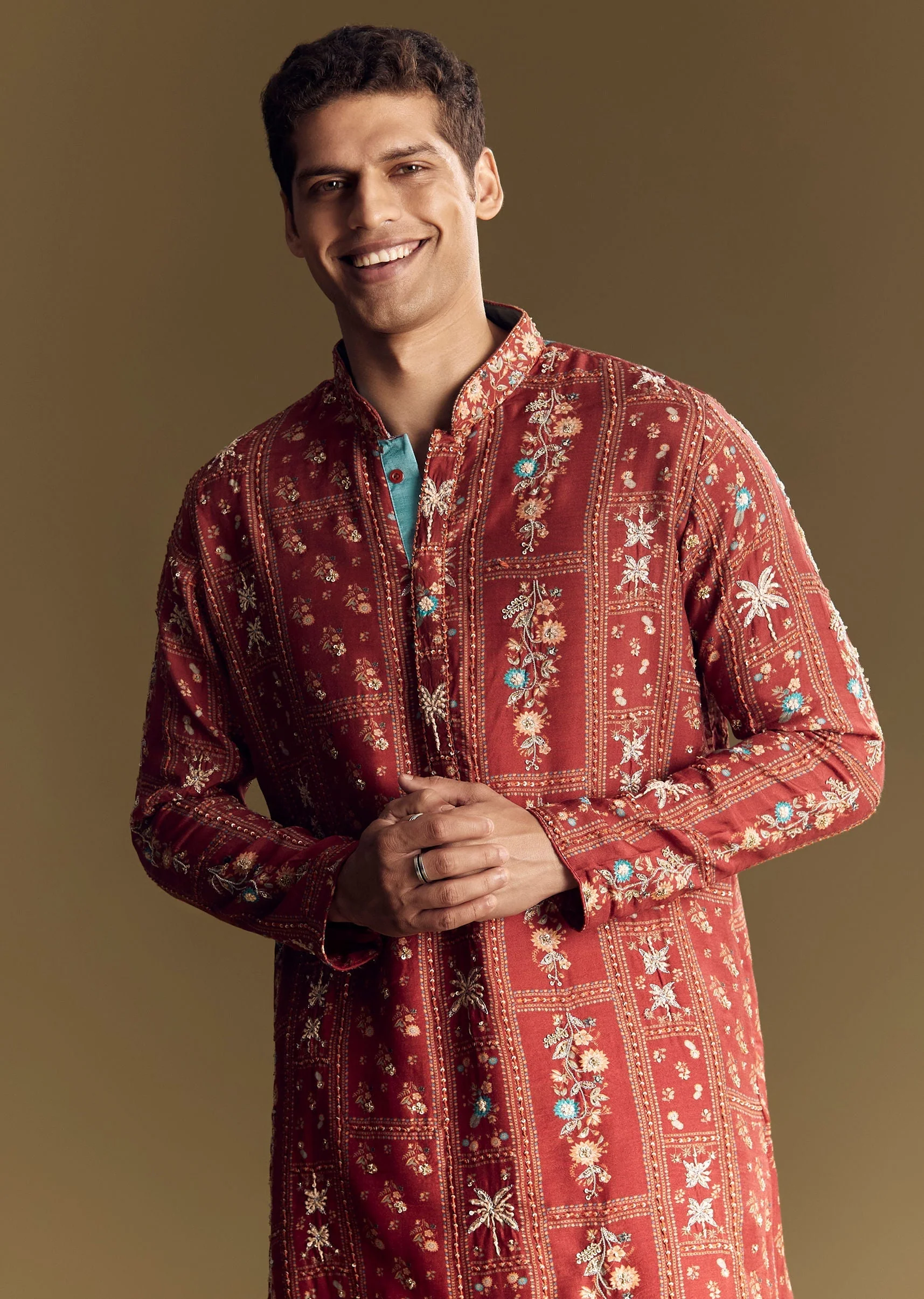 Bold Red Silk Kurta Set With Handcrafted Thread And Sequin Embellishments - Image 3