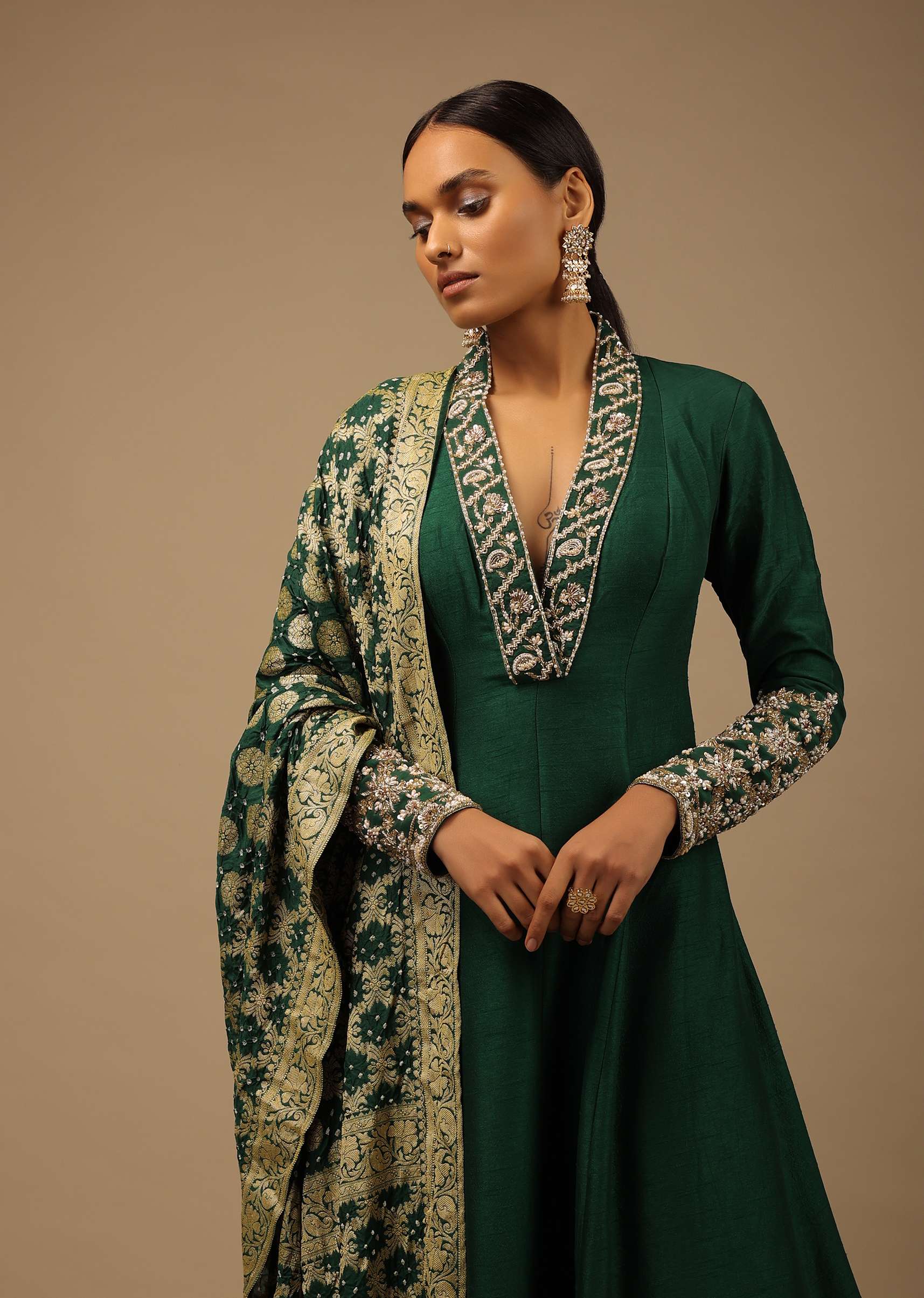 Bottle Green Anarkali Suit In Raw Silk With Hand Embroidery And A Brocade Dupatta Enhanced With Bandhani - Image 4