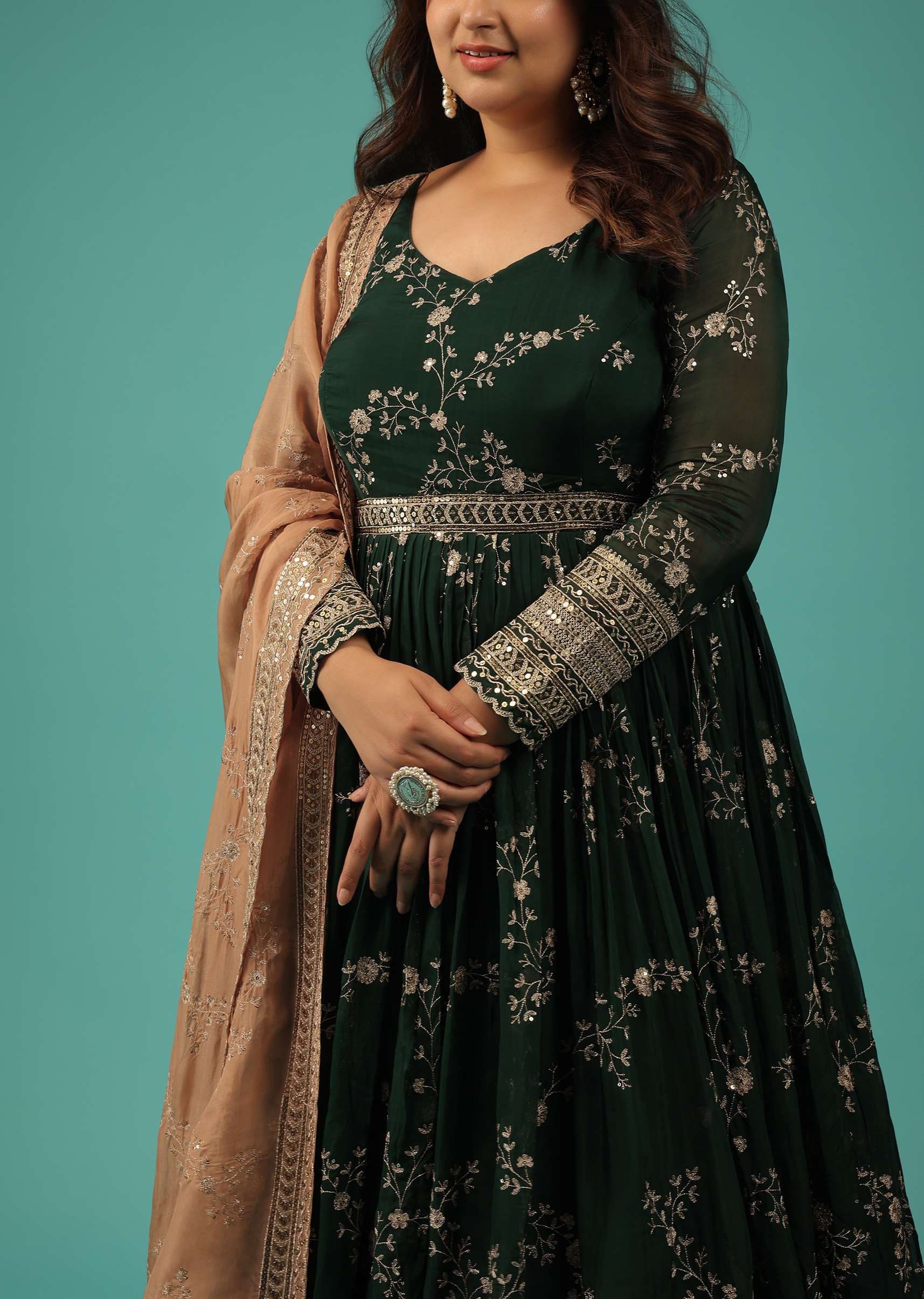 Bottle Green Silk Anarkali Suit With Zari And Sequins Work Along With Embroidered Floral Jaal - Image 3