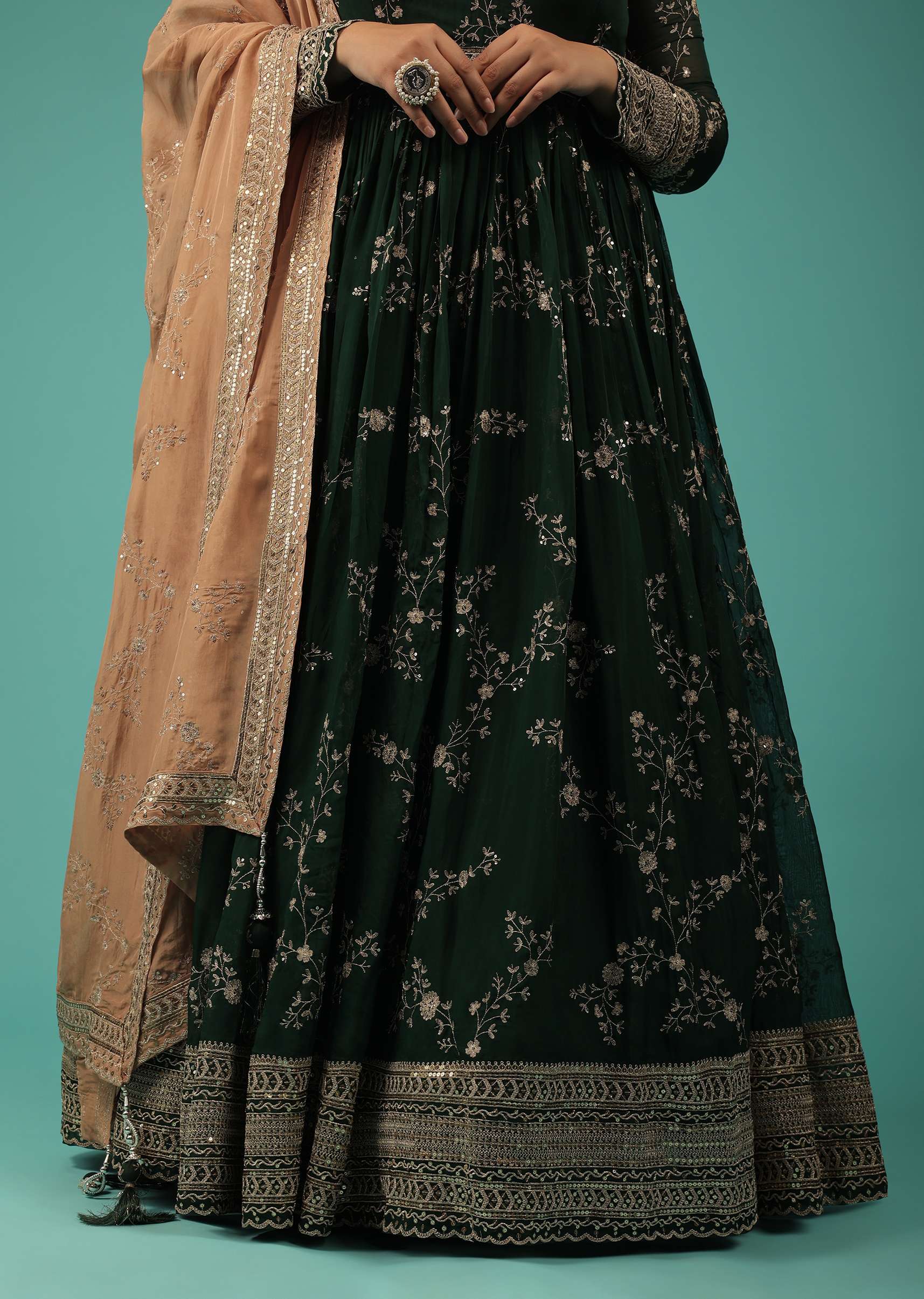 Bottle Green Silk Anarkali Suit With Zari And Sequins Work Along With Embroidered Floral Jaal - Image 5