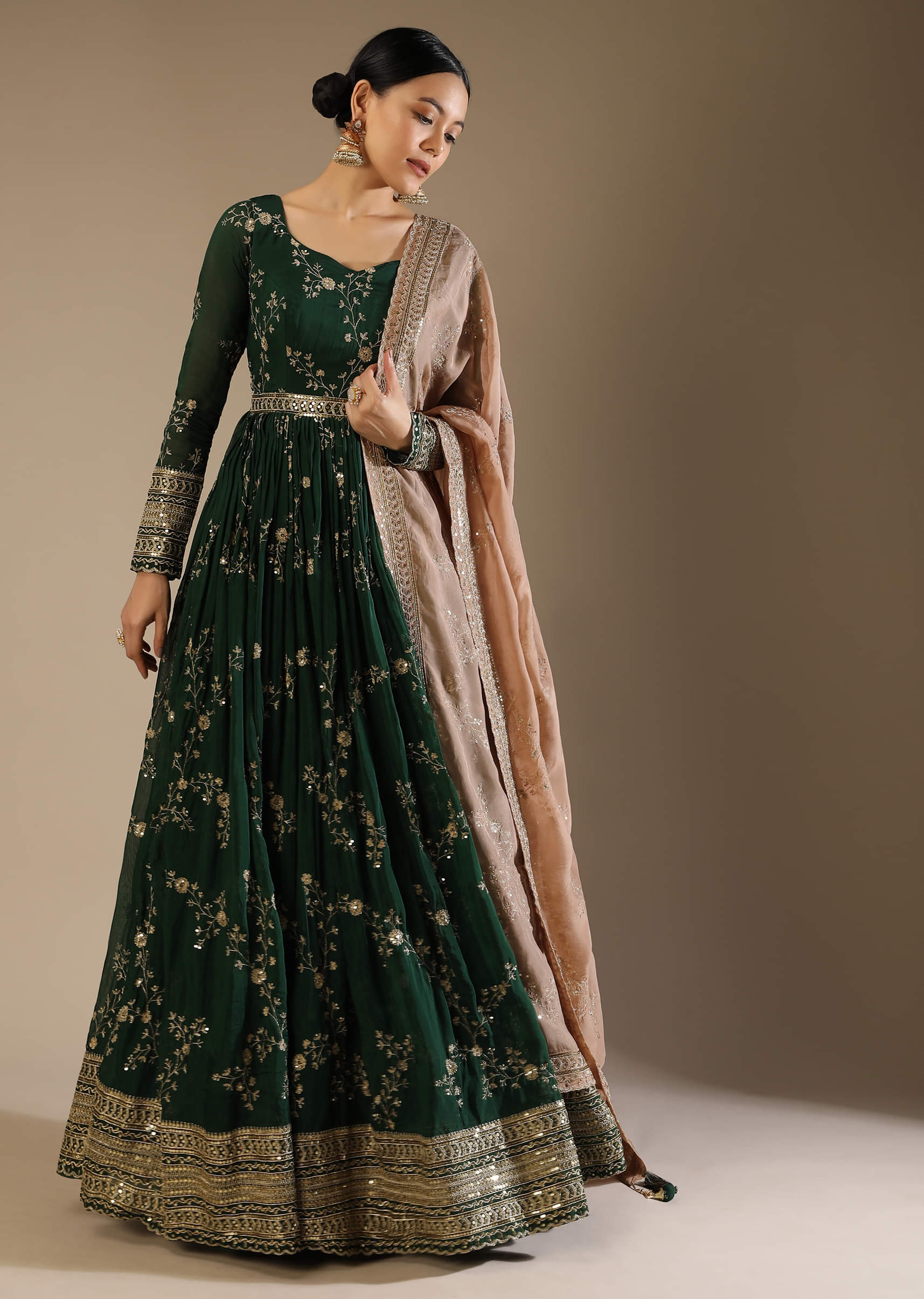 Bottle Green Silk Anarkali Suit With Zari And Sequins Work Along With Embroidered Floral Jaal - Image 7