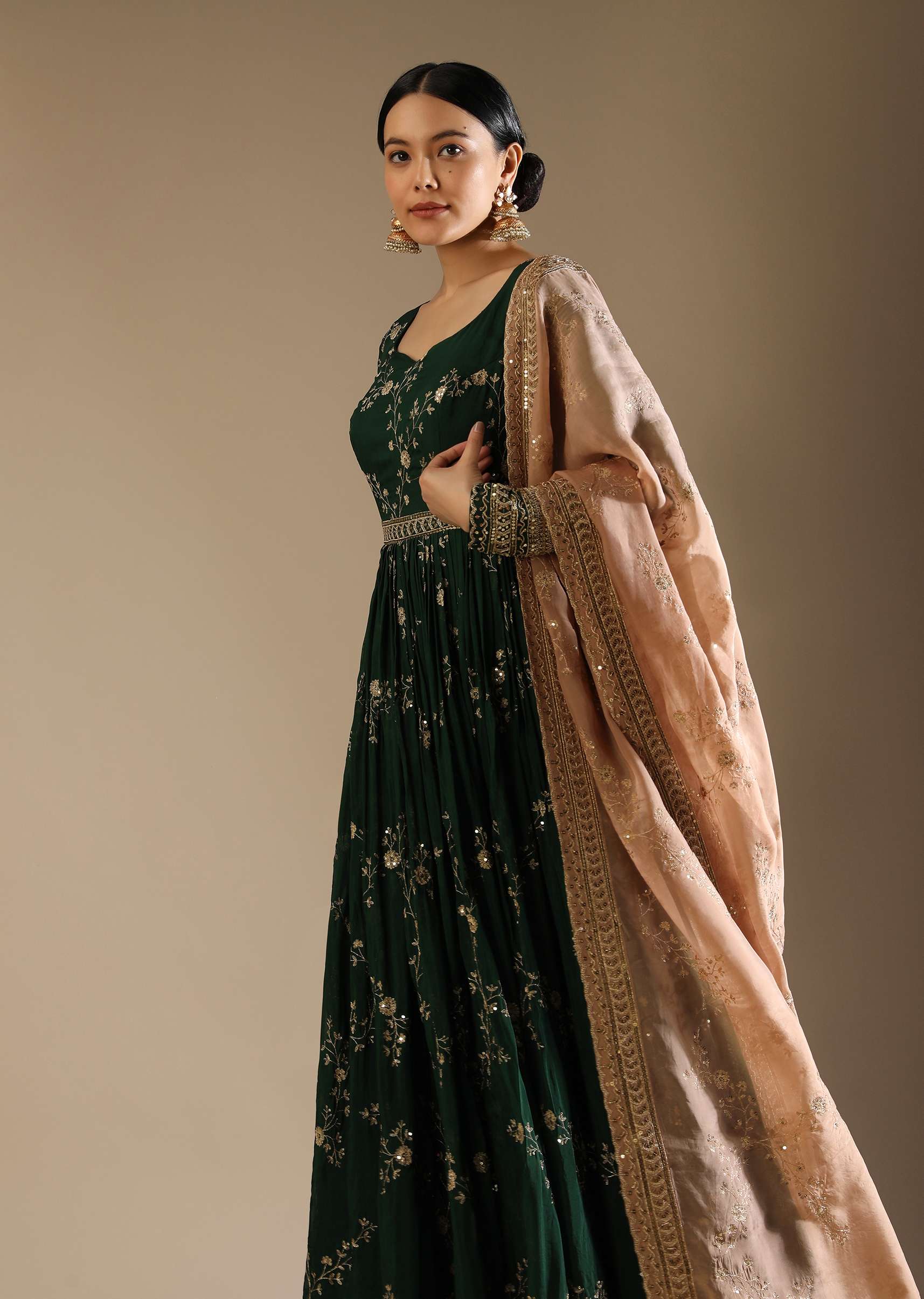 Bottle Green Anarkali Suit In Silk With Zari And Sequins Embroidered Floral Jaal And A Beige Organza Dupatta - Image 2