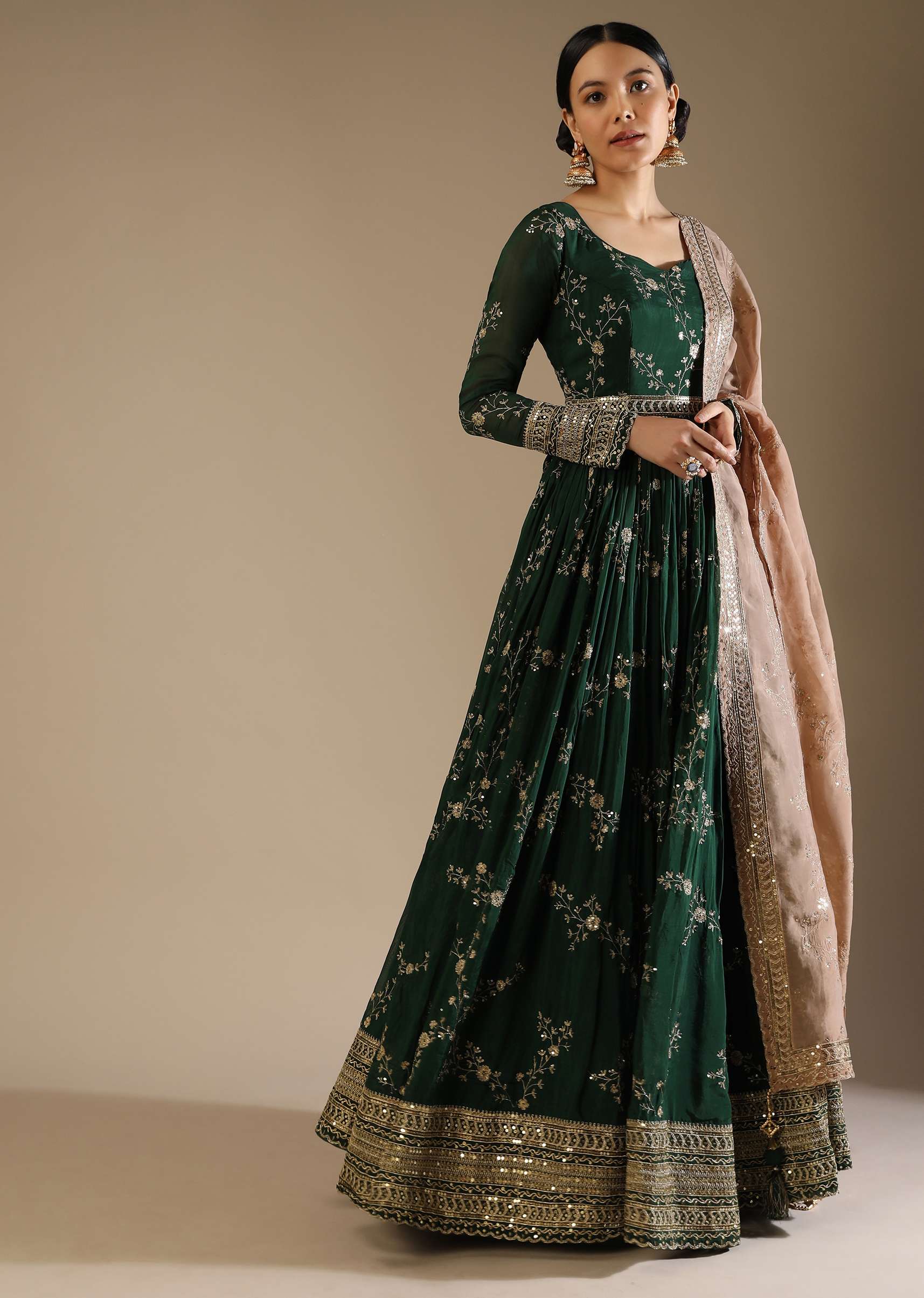 Bottle Green Anarkali Suit In Silk With Zari And Sequins Embroidered Floral Jaal And A Beige Organza Dupatta - Image 3