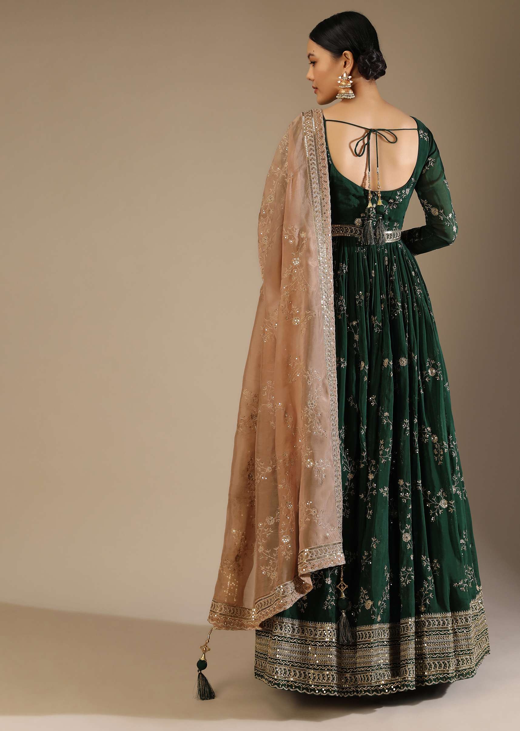 Bottle Green Anarkali Suit In Silk With Zari And Sequins Embroidered Floral Jaal And A Beige Organza Dupatta - Image 4