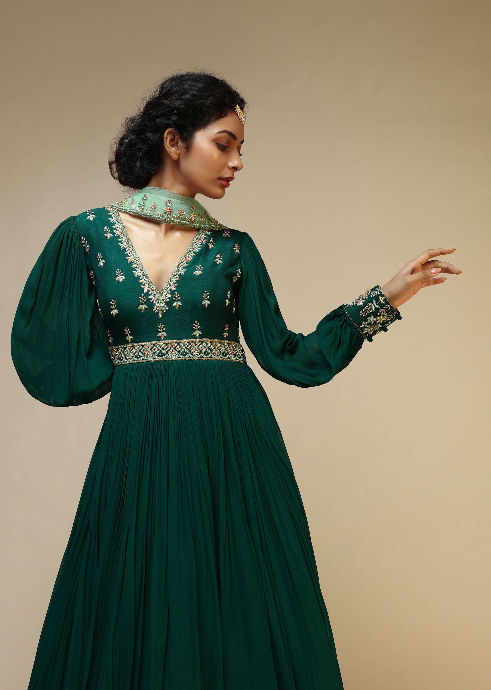 Bottle Green Anarkali Suit With Balloon Sleeves And Hand Embroidered Buttis Using Multi Colored Sequins And Beads - Image 3
